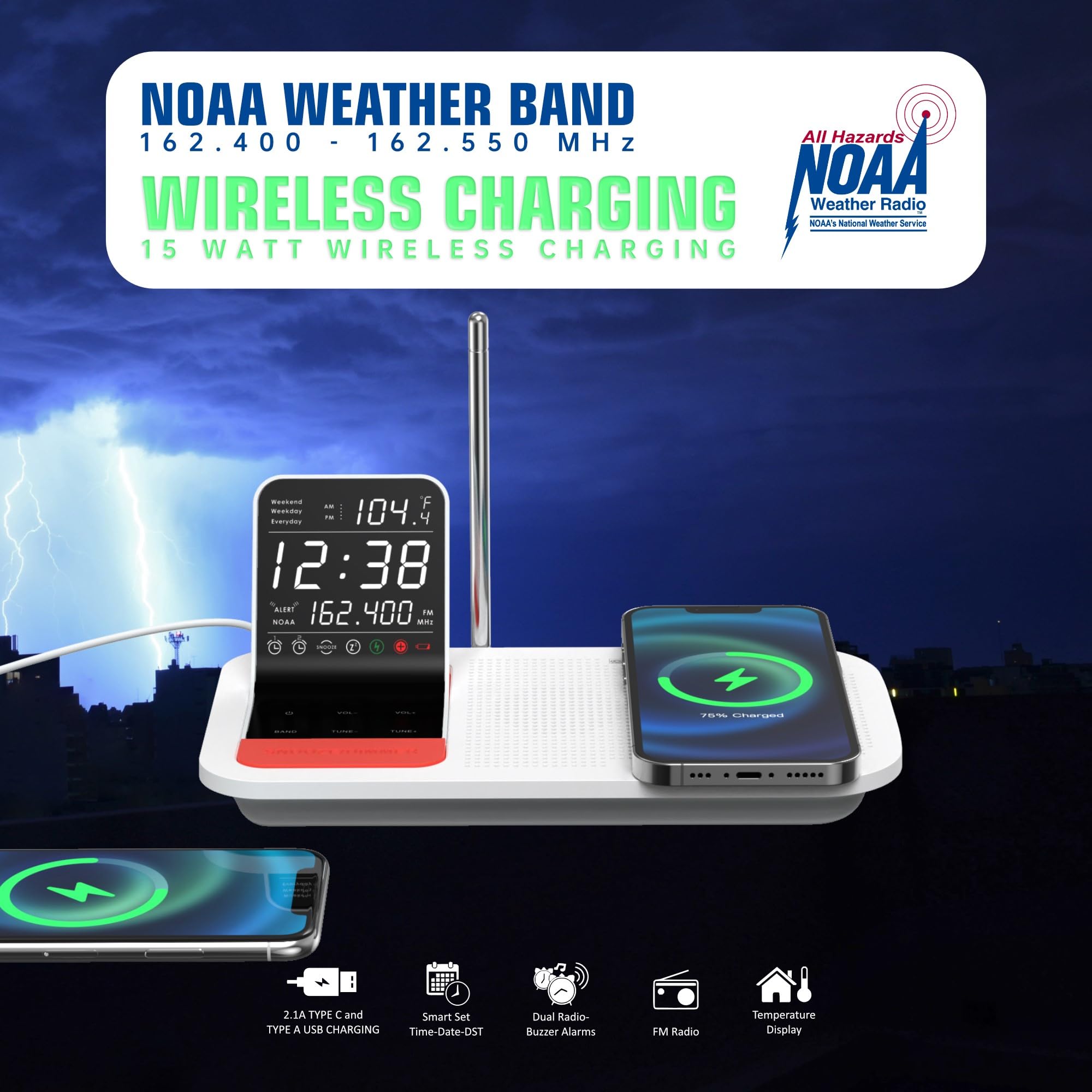 Emerson Wbs12 Smartset Weather Band Temperature Sensor, Dual Alarm Clock Radio With Wireless Charging, Usb Charger And Black Bac