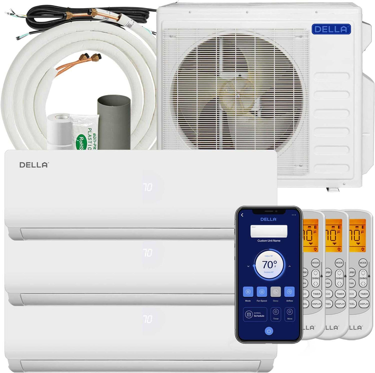 Della Mini Split Air Conditioner Odu Tri 3 Zone 27K Btu (9K 9K 12K Btu) 19 Seer2 208 230V Works With Alexa, Cools Up To 1350 Sq.