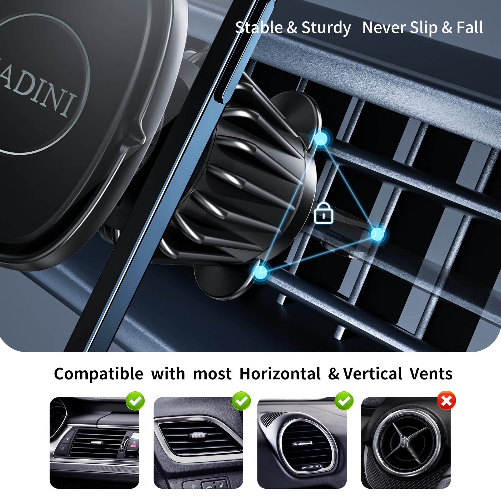 Hadini Magnetic Car Mount [Metal Hook Clip] Air Vent Phone Holder Compatible With All Smartphones