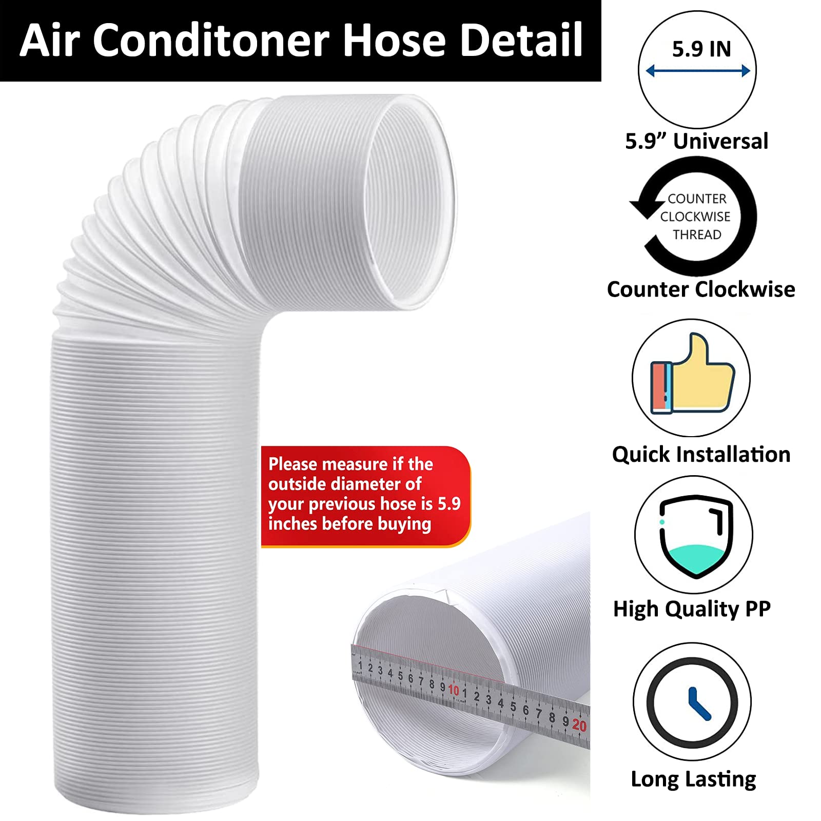 Fubinina Portable Air Conditioner Hose, Ac Hose With 5.9'' Diameter, Anti Clockwise Thread Length Up To 80'' Ac Exhaust Hose For