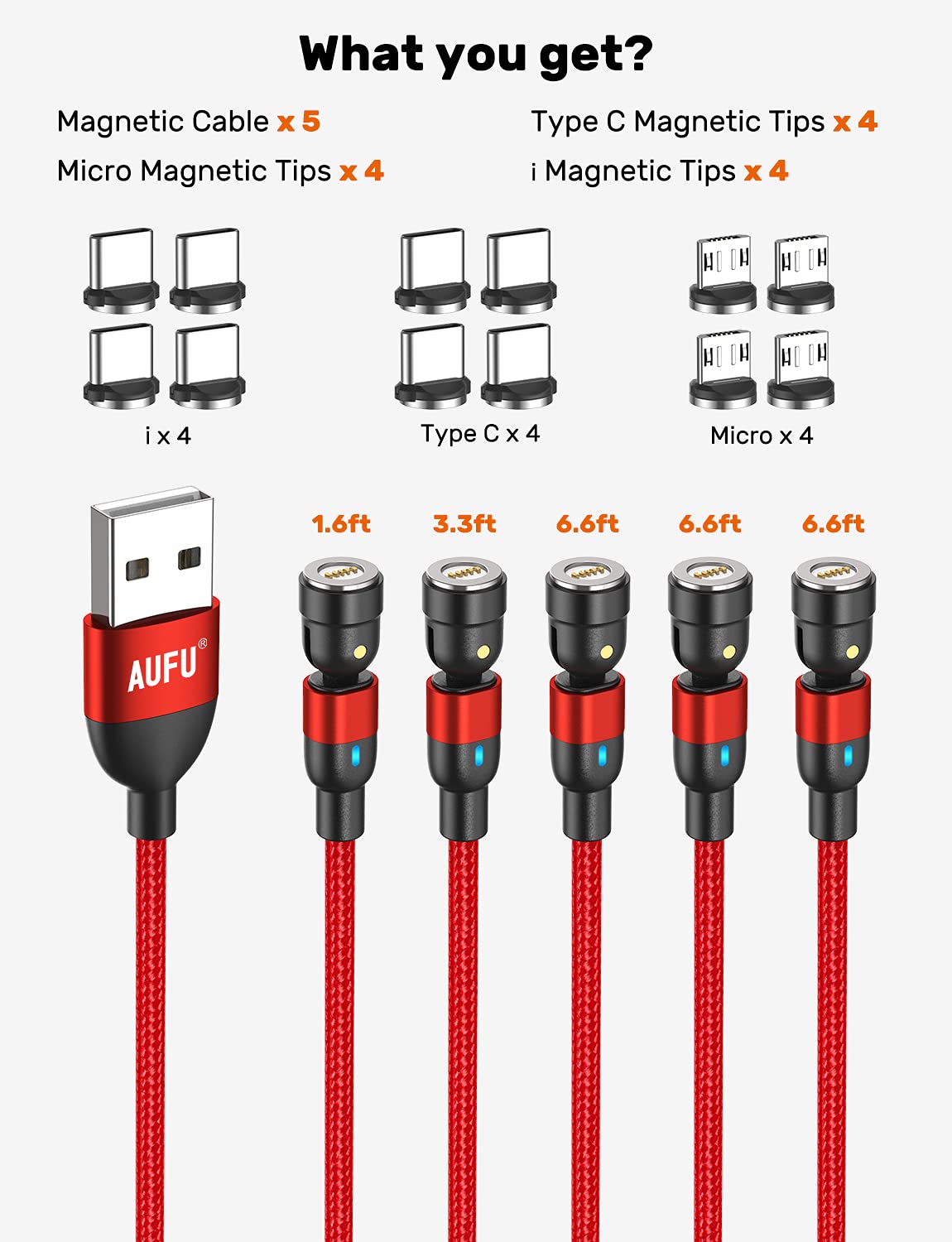 Aufu Fast Charging Magnetic Charging Cable(5Pack 1.6Ft/3.3Ft/6.6Ft/6.6Ft/6.6Ft), Magnetic Charger Cable Usb C Magnetic Fast Charger 3A Fast Charging Data Transfer Magnetic Cable (Red)