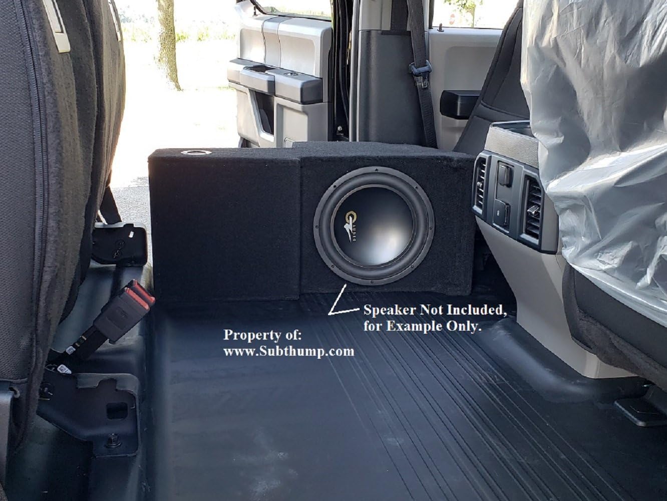 Subthump 12" Downfire Subwoofer Enclosure for 2015-2020 Supercrew F150, Model F150SCR15-Console-12-Blk