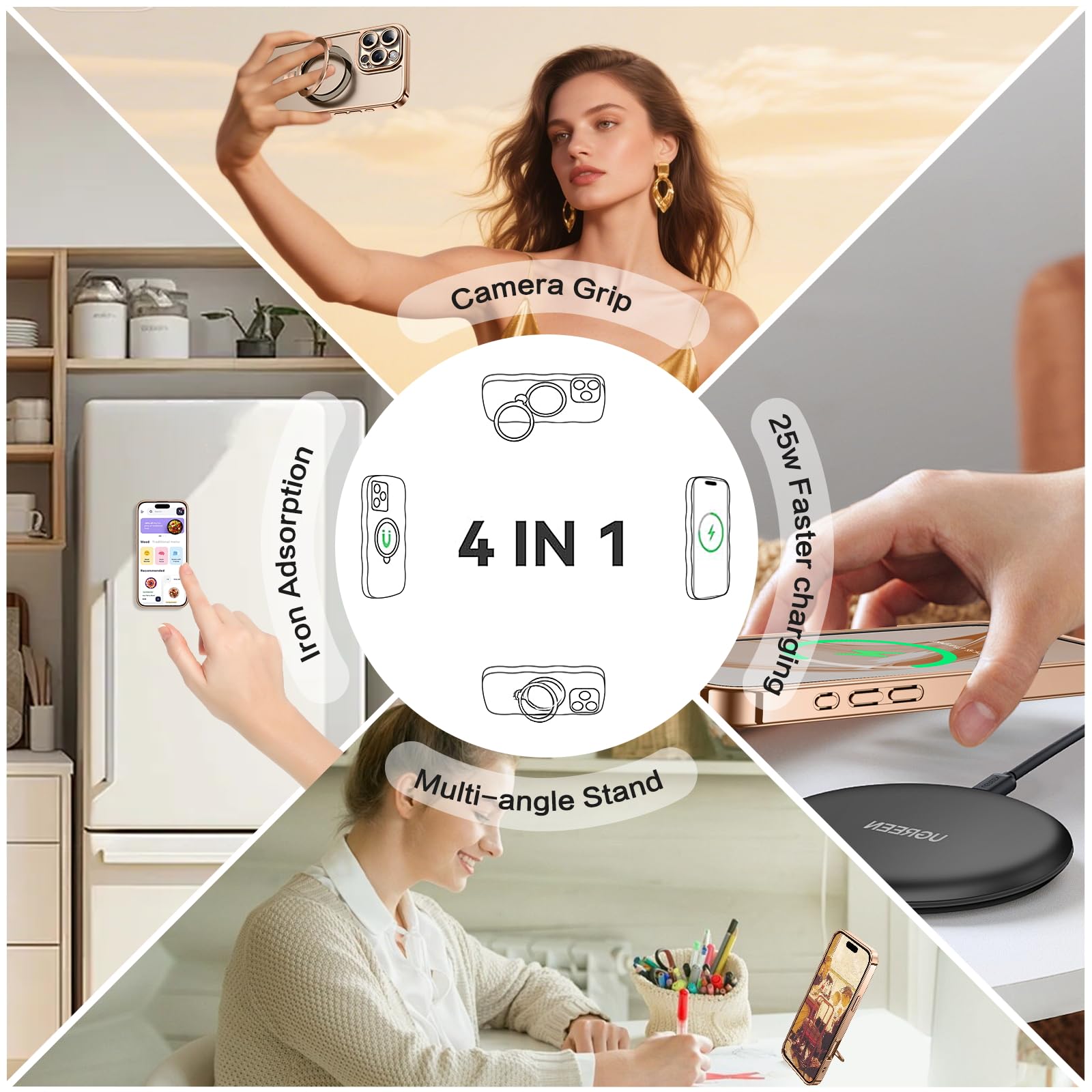 Veningo Iphone 16 Pro Max Case, Magnetic Slim Thin Magsafe Plating Clear Back With Foldable Ring Holder Kickstand Shockproof Pro