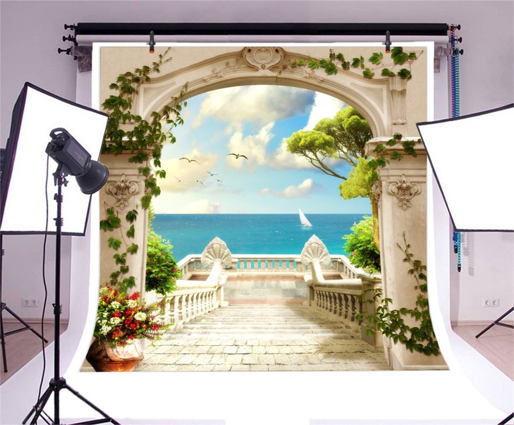 Laeacco Italy Scenery Fresco Backdrop 10X10Ft Vinyl Photography Background European Viewing Platform Arch Door Stairway Towards