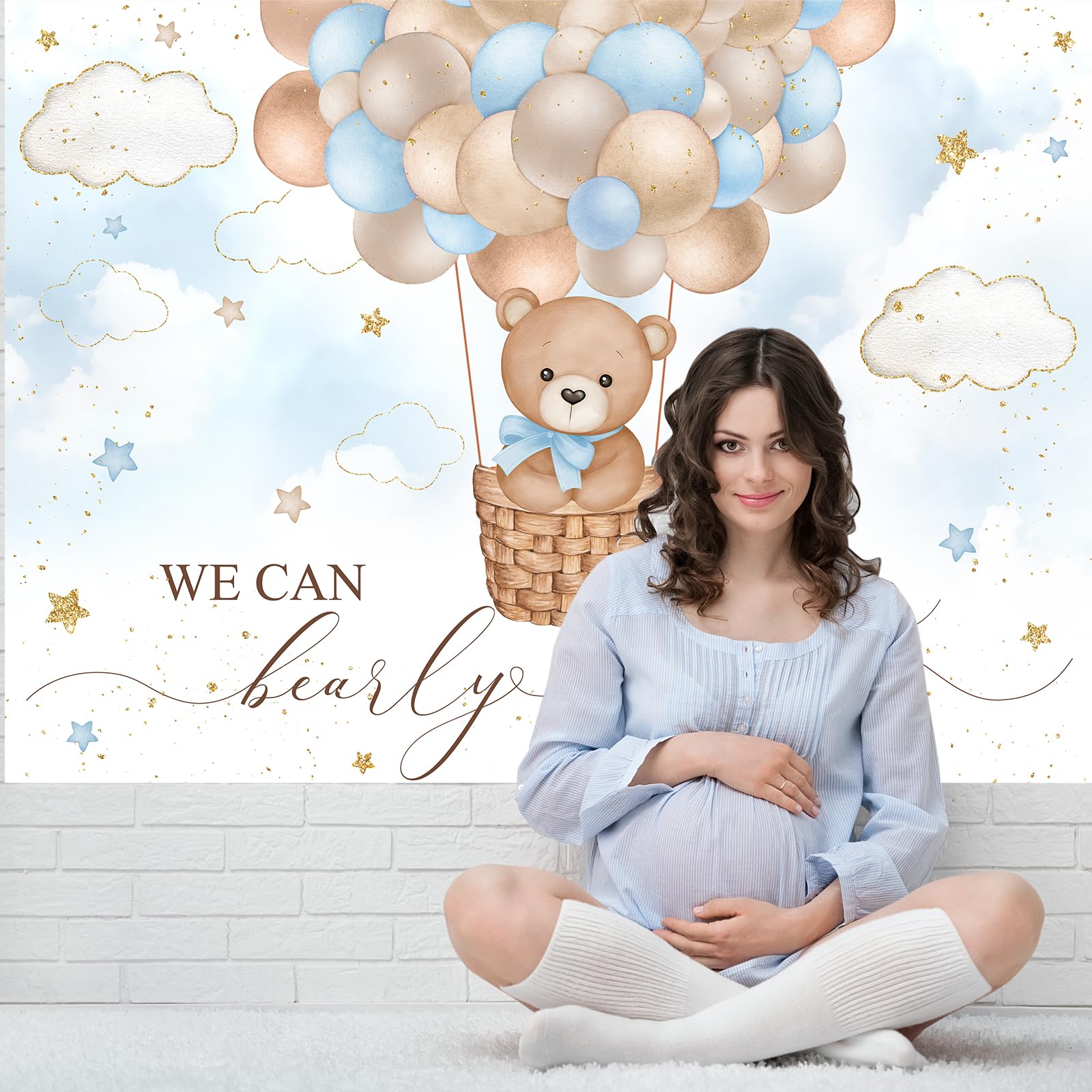 Mocsicka Blue Bear Hot Air Balloon Backdrop For Boy, Background We Can Bearly Wait Baby Shower Party Cake Table Decoration Photo