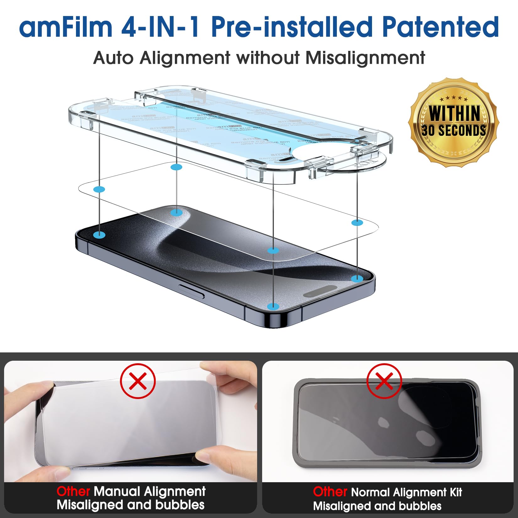 Amfilm Easiest Installation Onetouch For Iphone 15 Pro Max Screen Protector [6.7 Inch] Tempered Glass + Camera Lens Protector, A
