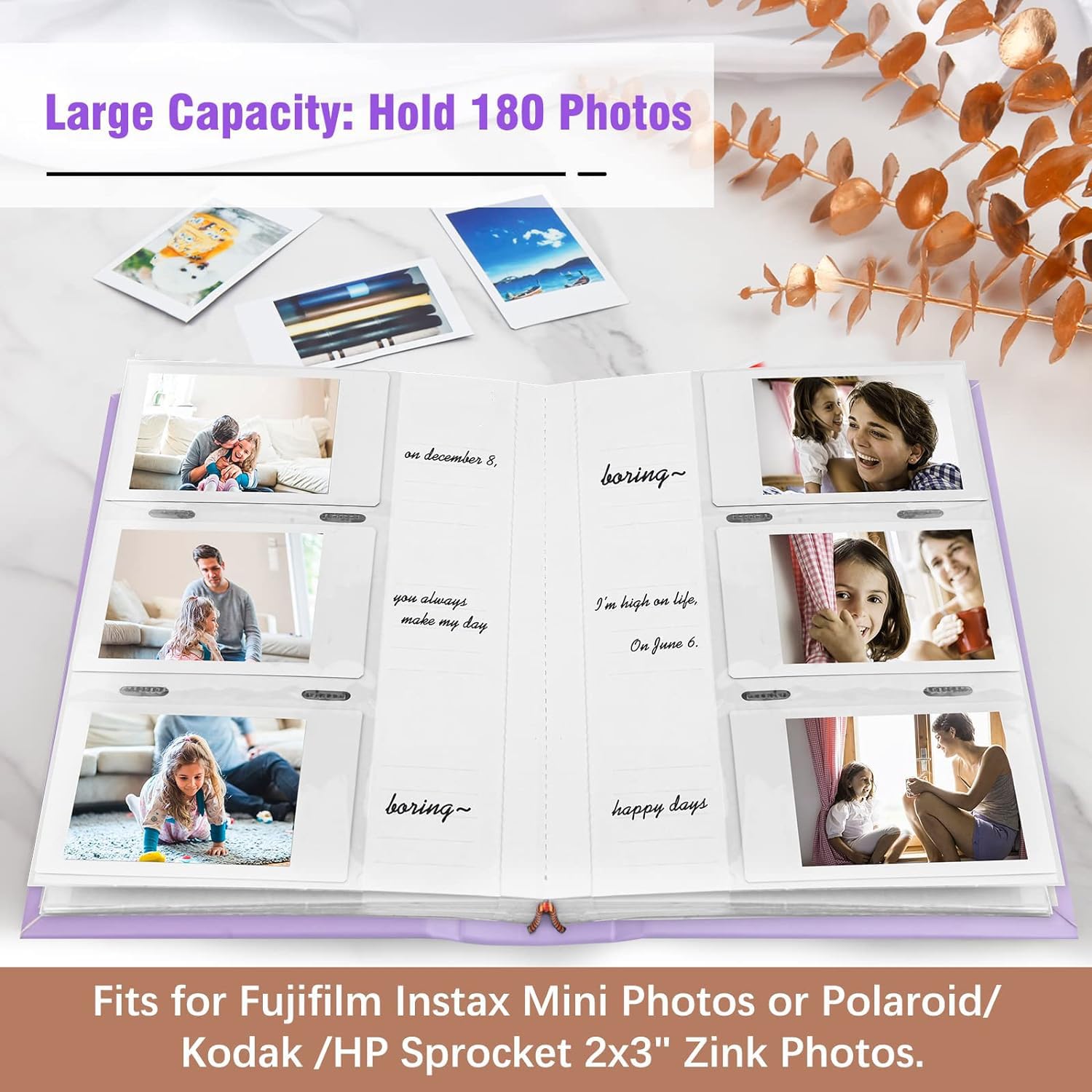 Photo Album For Fujifilm Instax Mini Camera, 180 Pockets Photo Album With Writing Space For Polaroid, Leather Cover, 2X3 Photo Album For Instax Mini 12 11 9 40 8 7 Evo Liplay Instant Camera (Purple)