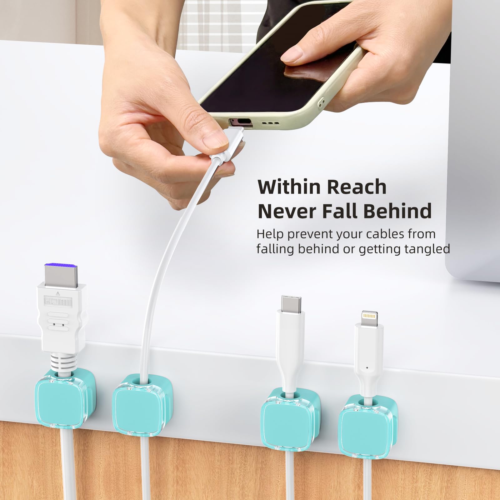 TIKIWIK 6 Pack Magnetic Cable Clips Under Desk Cord Organizer Plastic Clear Blue