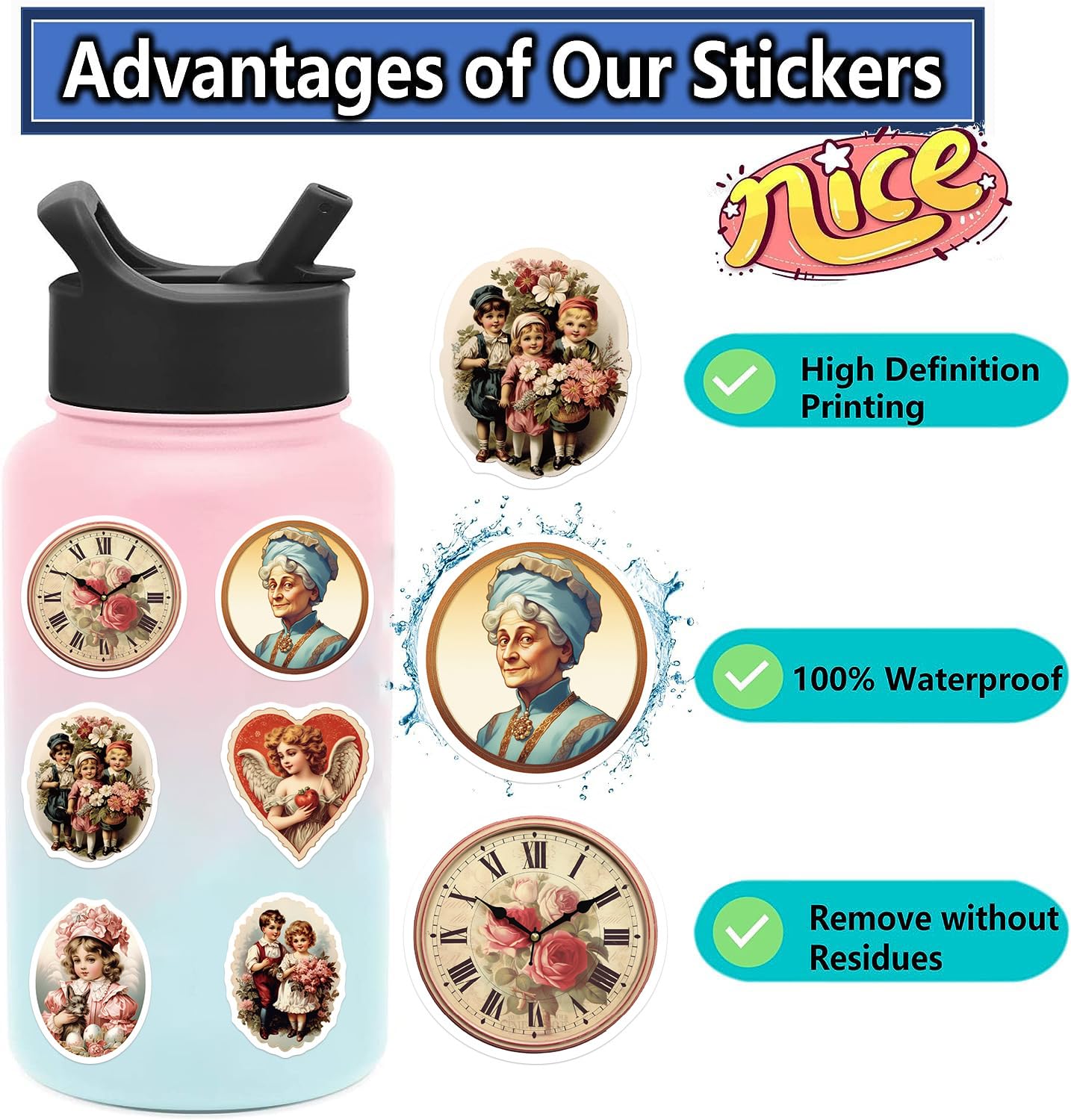 Yoksas 50Pcs Vintage Victorian Stickers   Waterproof Vinyl Old Antique Art Stickers For Laptops,Water Bottles,Scrapbooking,Journ