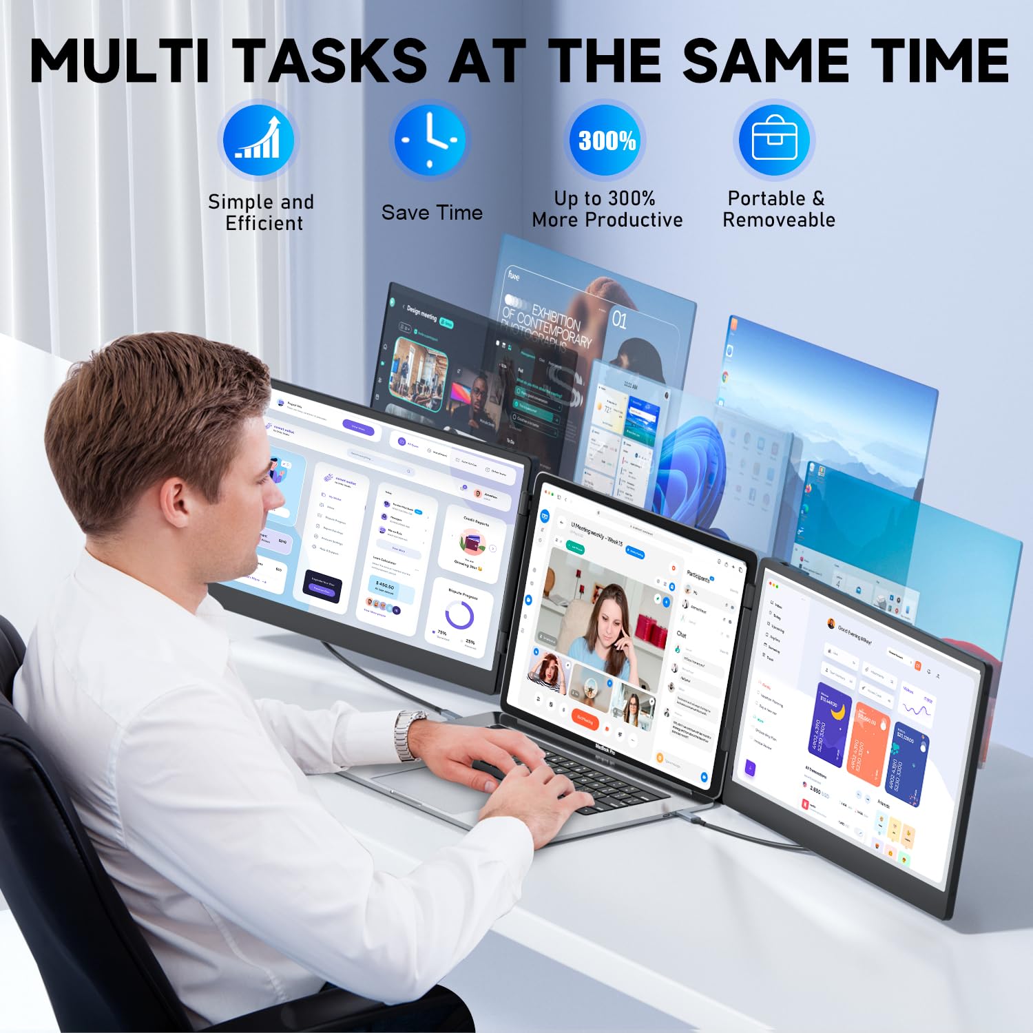 Kefeya Laptop Screen Extender, 14'' Fhd 1080P Triple Portable Monitor For Laptop 13 17'', Laptop Monitor Extender For Windows/Ma