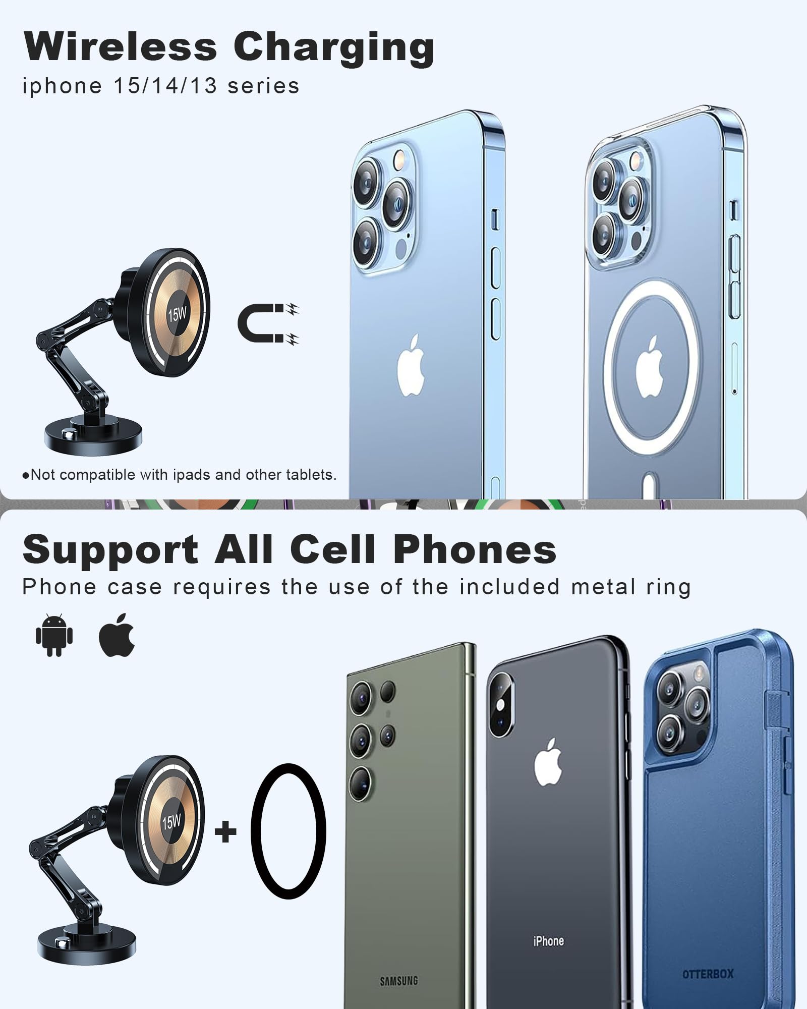 Zbf Magnetic Wireless Car Mount Charger, 15W Fast Charging Mag-Safe Car Mount,Magnetic Car Phone Holder Mount, Car Cell Phone Ho