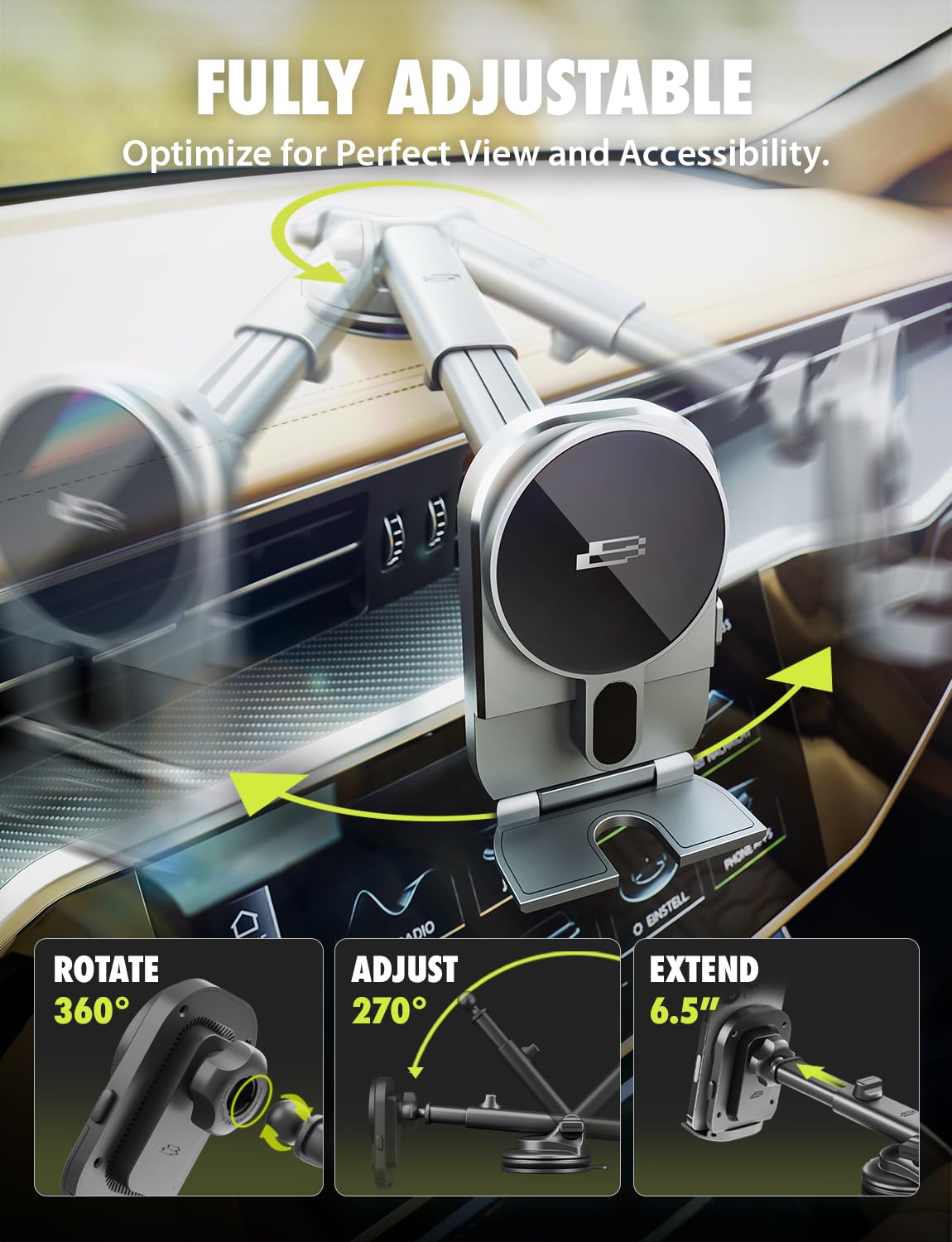 Bracketron Magalign Extend 15W Magsafe Car Mount Charger, Magnetic Car Phone Holder Charger Wireless Car Charger For Iphone 16 P