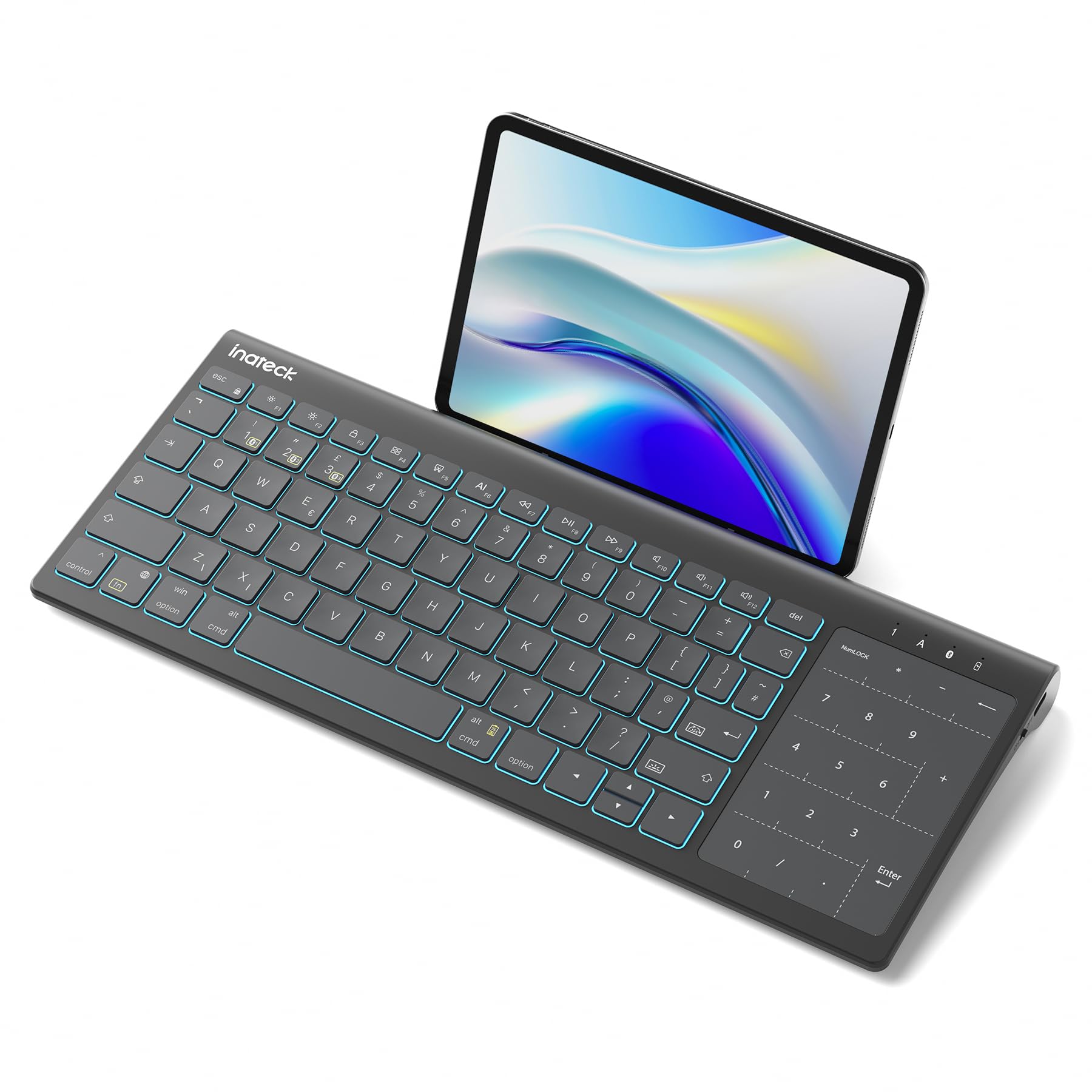 Inateck Tablet Keyboard, 2-in-1 Numeric Keypad & Touchpad, Hidden Stand, 3 Bluetooth Channels, 7-Color Backlight, Compatible wit