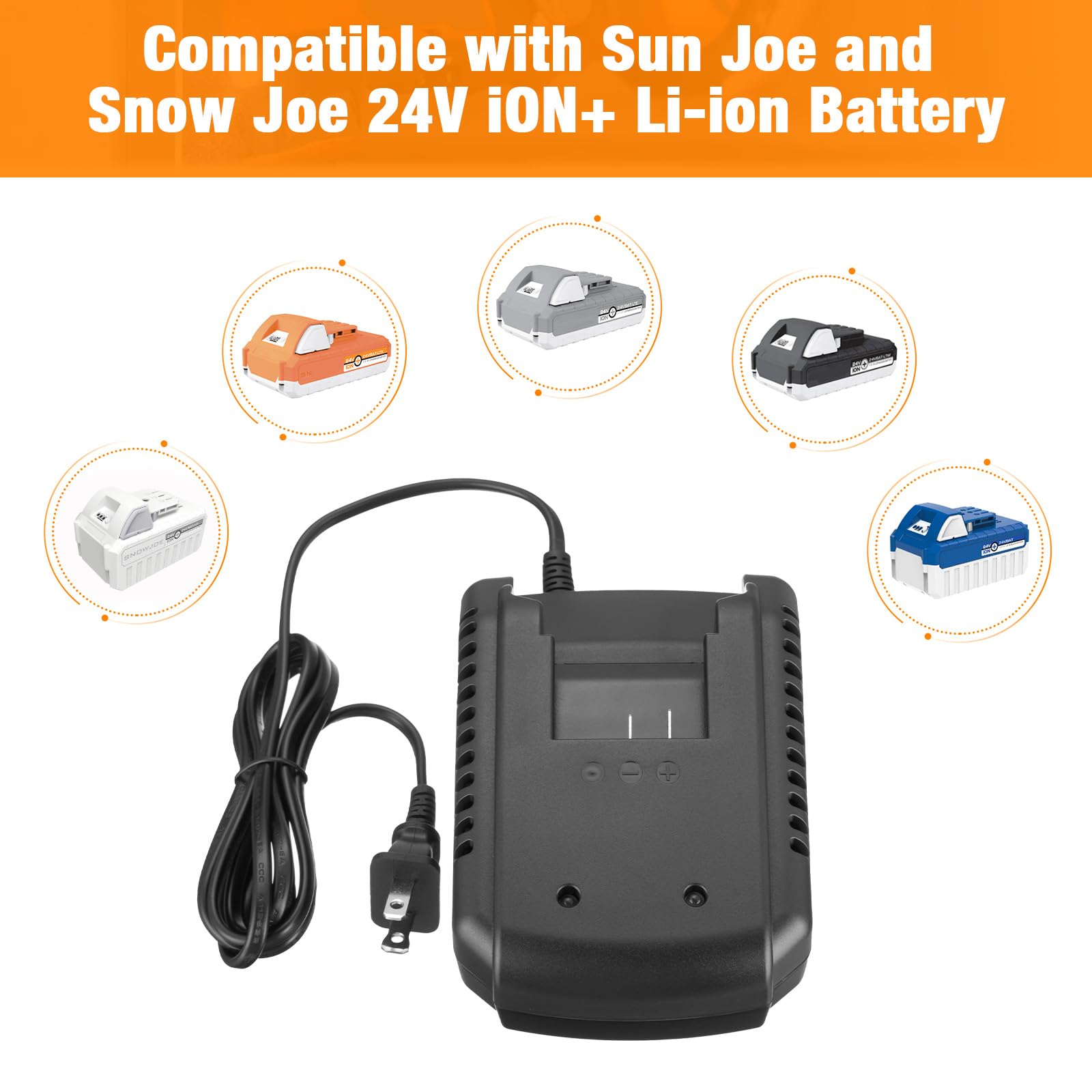 24Vbat Series Batteries Fast Charger Compatible With Sun Joe+Snow Joe 24V Lithium Ion Battery Charger For 24Vchrg Qc Ion+ Quick