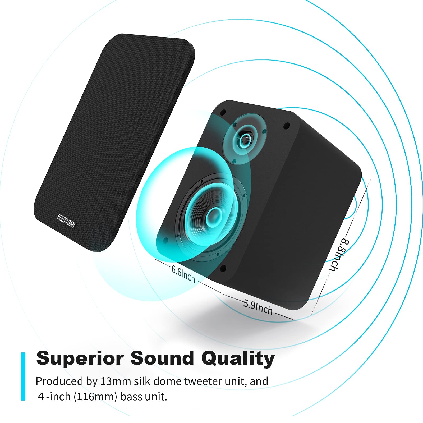 Bestisan Sr04 Bookshelf Speakers, 50W Rms, Bluetooth 5.0, Rca, Coaxial, Optical, Usb Inputs, Black