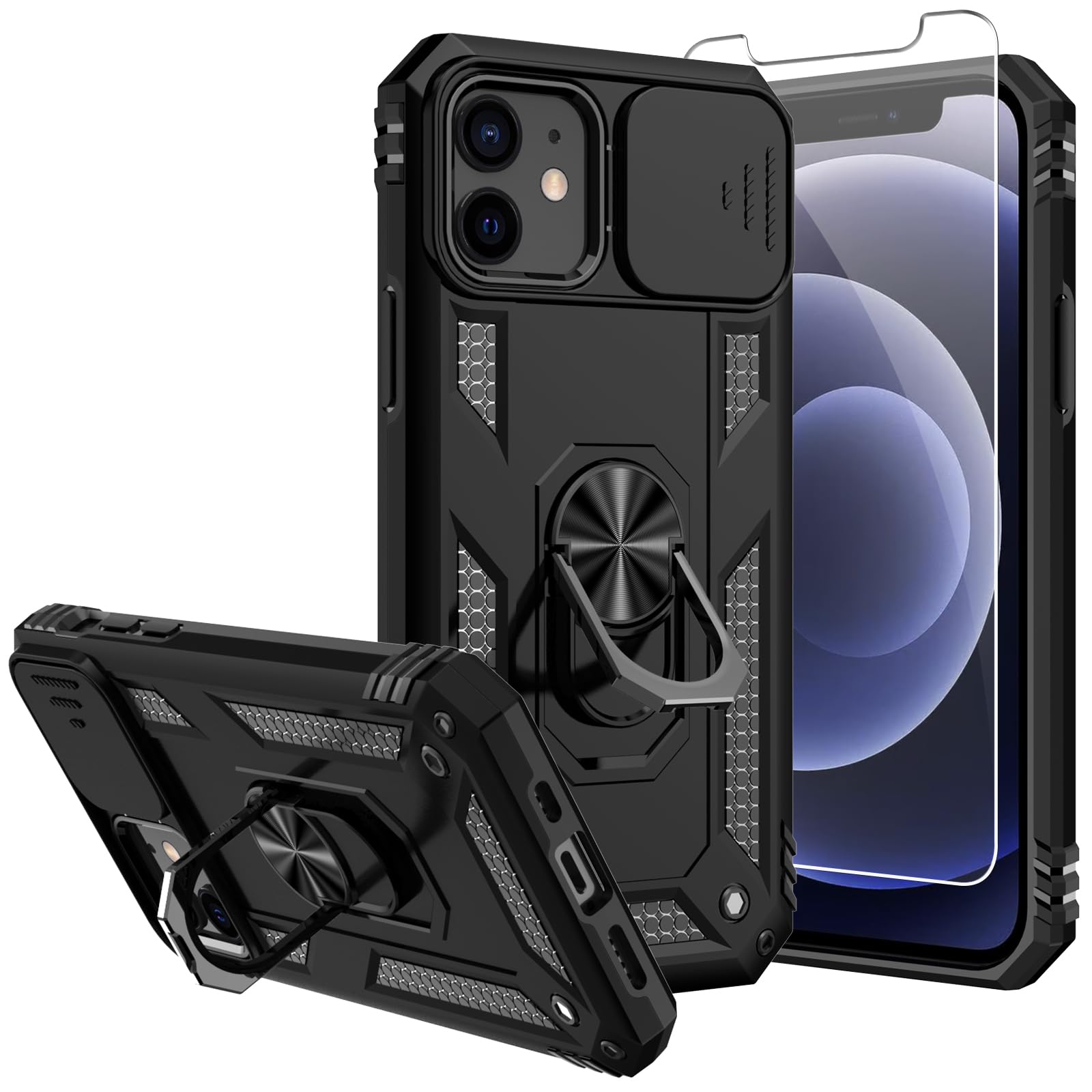 SKTGSLAMY for iPhone 12 Case,with Screen Protector and Camera Cover,[Military Grade] 16ft.Drop Tested Cover with Magnetic Kickst