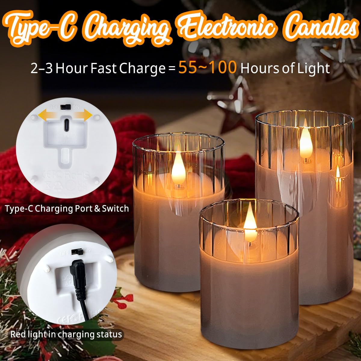 Ledholyt Rechargeable Flameless Candle, Flashing Led Pillar Real Wax Candle With Remote Control And Timer, Grey Stripes Glass El