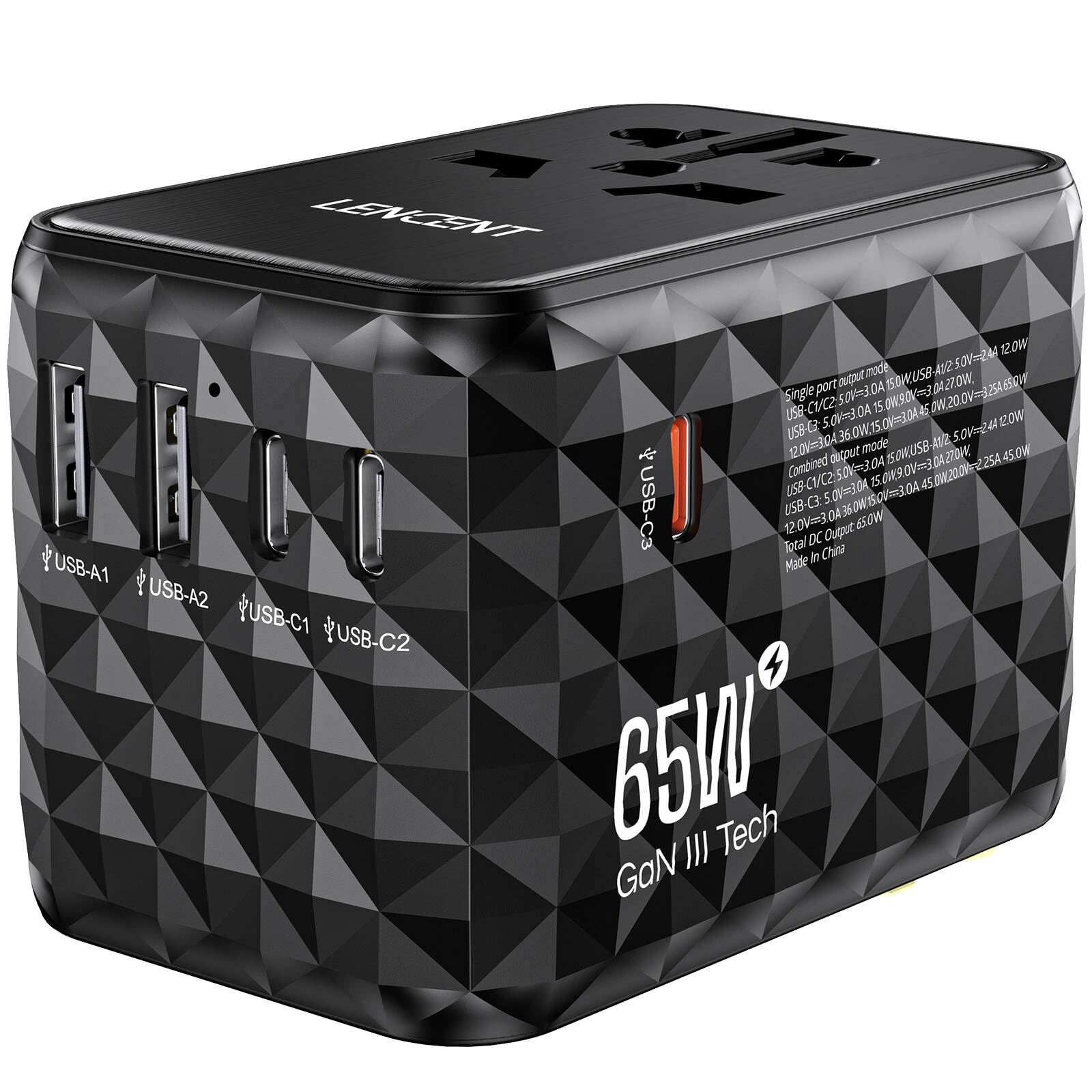 Lencent 65W Gan International Travel Adapter With 2 Usb A & 3 Type C Ports, Fast Charger For Phones & Laptops, Worldwide Plug Ad