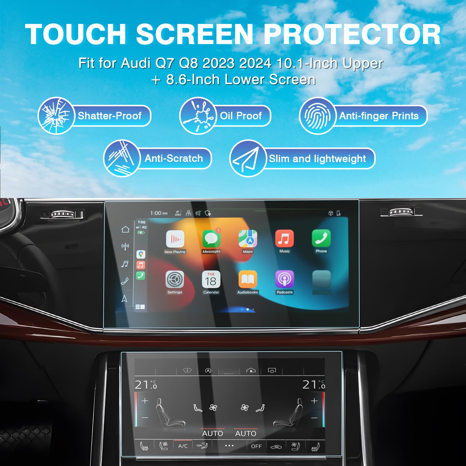Karltys 2 Pack Screen Protector For 2020 2024 Audi Q7 Q8 10.1 Inch Upper + 8.6 Inch Lower Screen, 9H Tempered Glass Screen Protector For Audi Q7 Accessories, Car Radio Screen Cover Anti Fingerprint