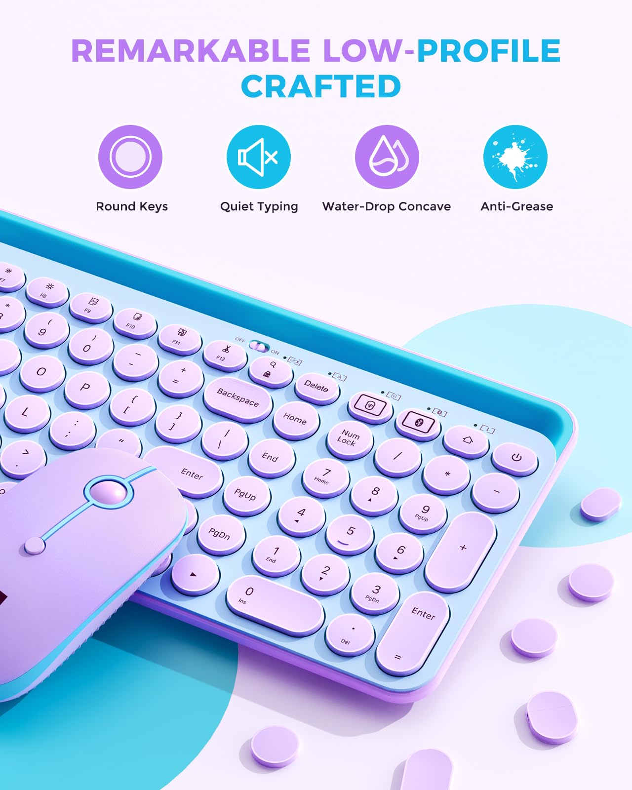 Seenda Bluetooth Keyboard And Mouse For Ipad, Multi Device Bluetooth + 2.4G Wireless Keyboard Mouse With Tablet Holder For Macbook/Windows Computer, Ios/Andriod Tablet Phone, Blue & Purple