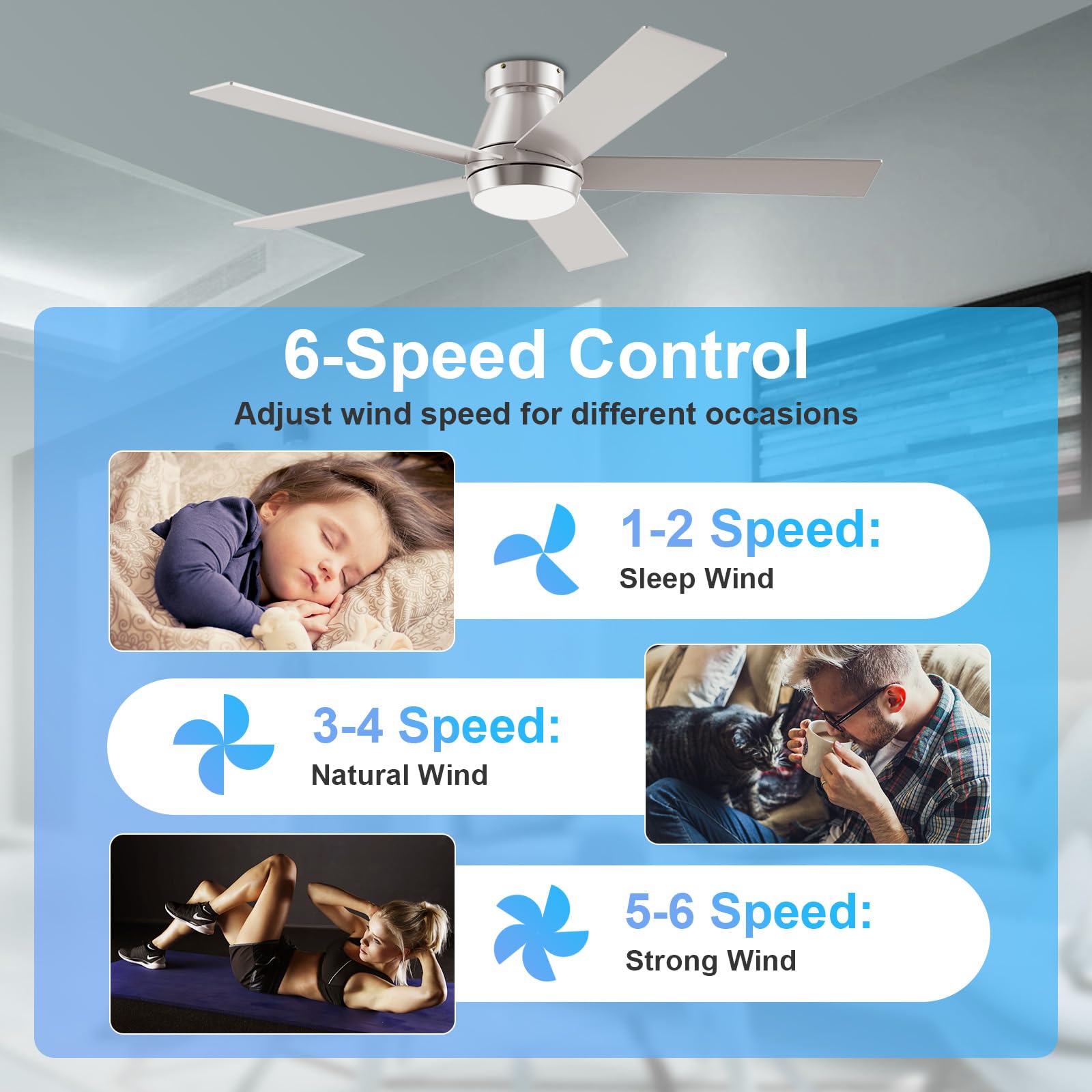 Tcl 52'' Ceiling Fan With Lights, Silver Flush Mount Ceiling Fans, 5 Blades Low Profile Ceiling Fans, 6 Speeds Dc Reversible, Di