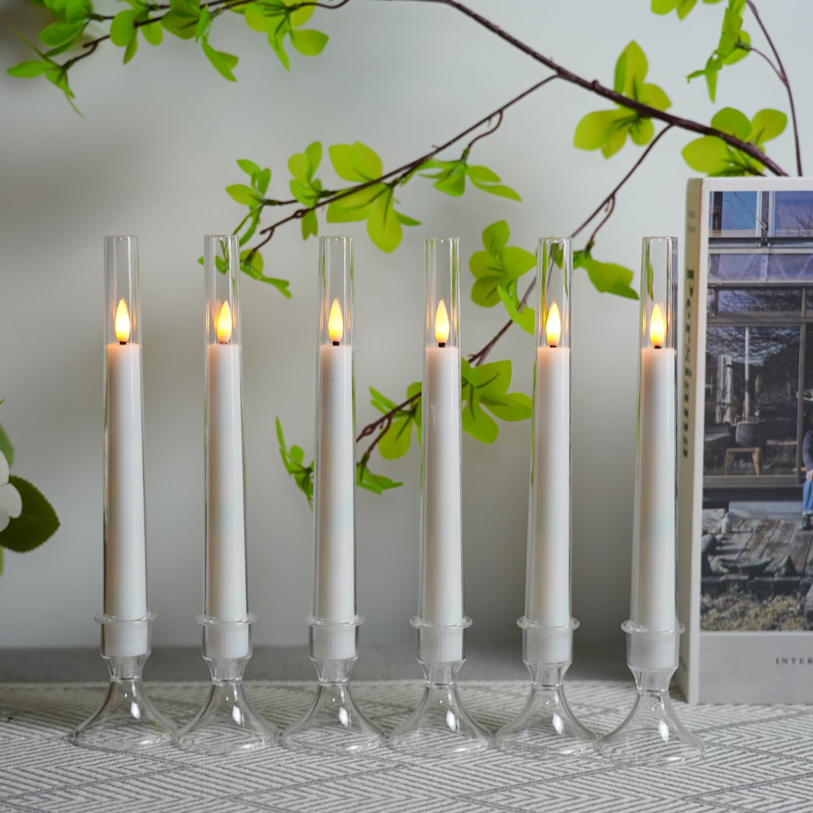 Lezonic Flameless Windows Candles Battery Operated With Timer Remote, 6Pcs White Acrylic Flameless Candlesticks With Holders, Le
