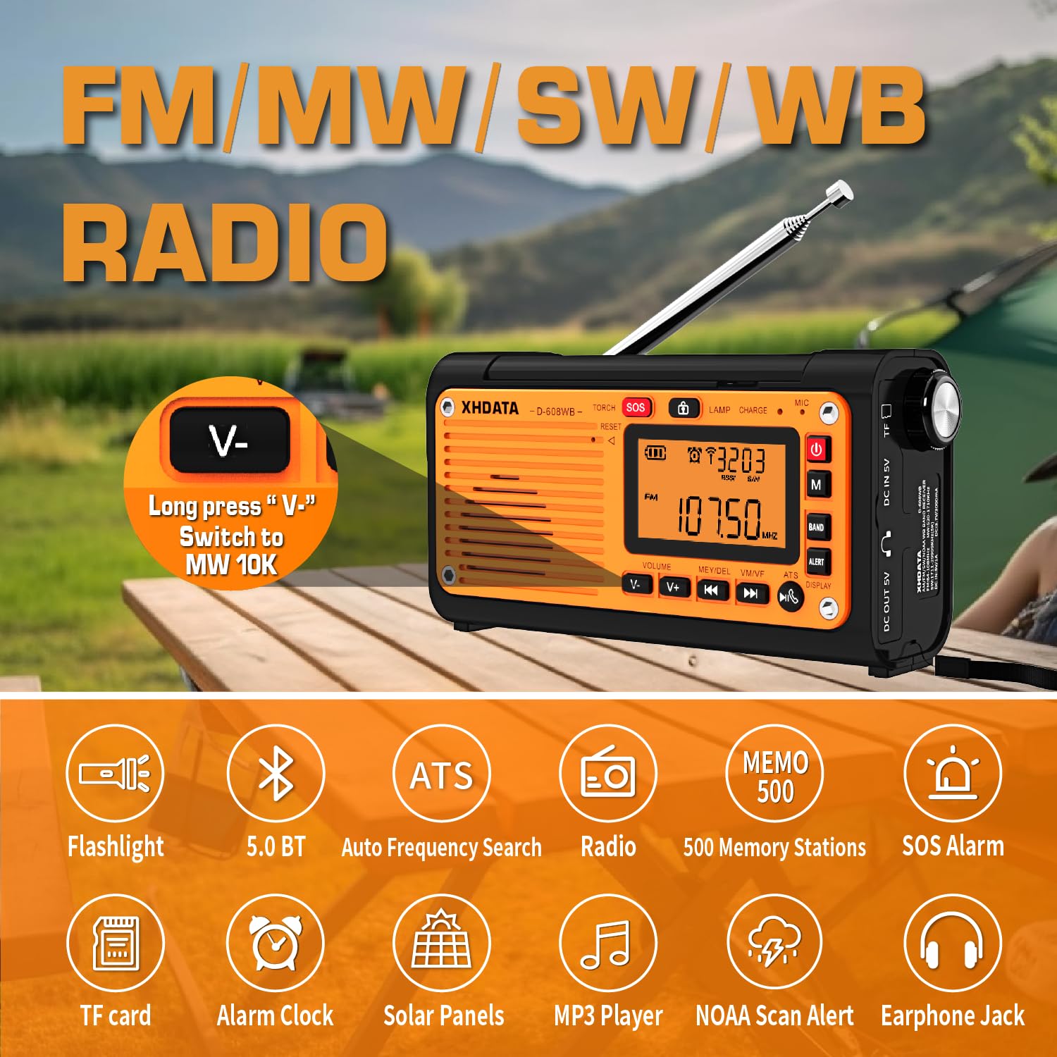 Xhdata D608Wb Emergency Radio Hand Crank Weather Radio Fm/Am/Sw/Noaa Alert Portable Radio With Phone Charger, Bluetooth Mp3, Usb