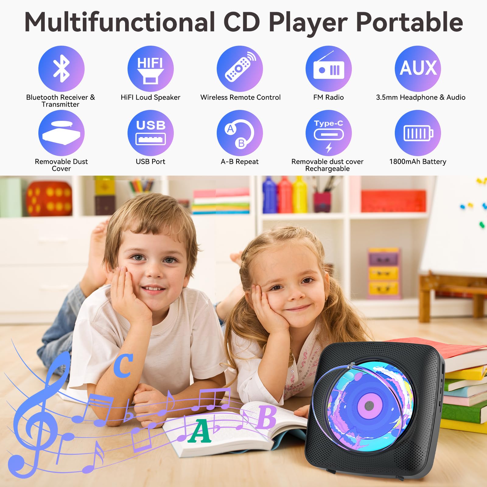 Cd Player Portable Bluetooth Rechargeable: Cd Players For Home With 1800Mah Kegaudio Desktop Wall Cd Player With Speakers Dust C