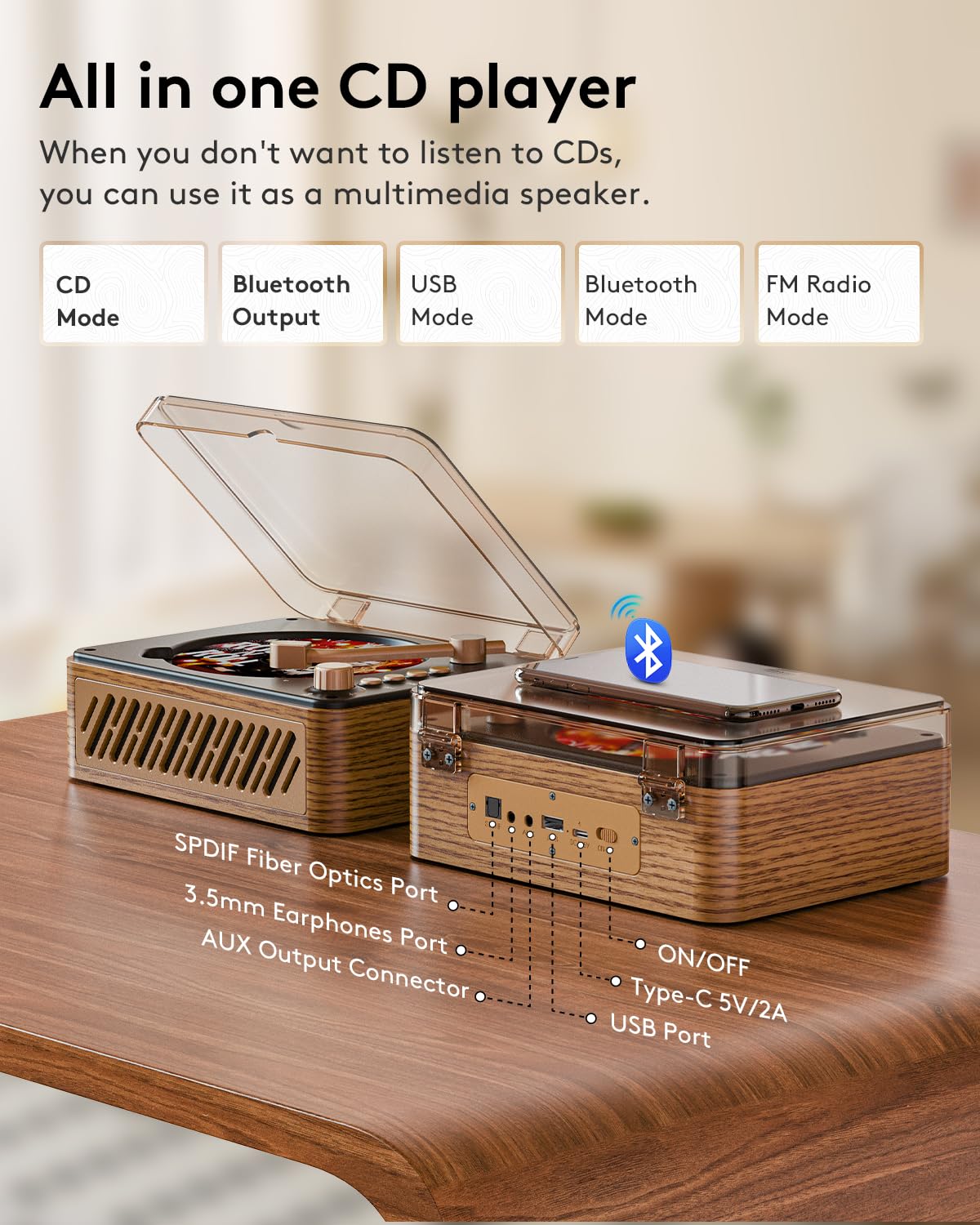 Caronsort Cd Player Music Box With Bluetooth Nostalgic Retro Portable Cd Players For Home, Hifi Speakers Music Player Fm Radio W