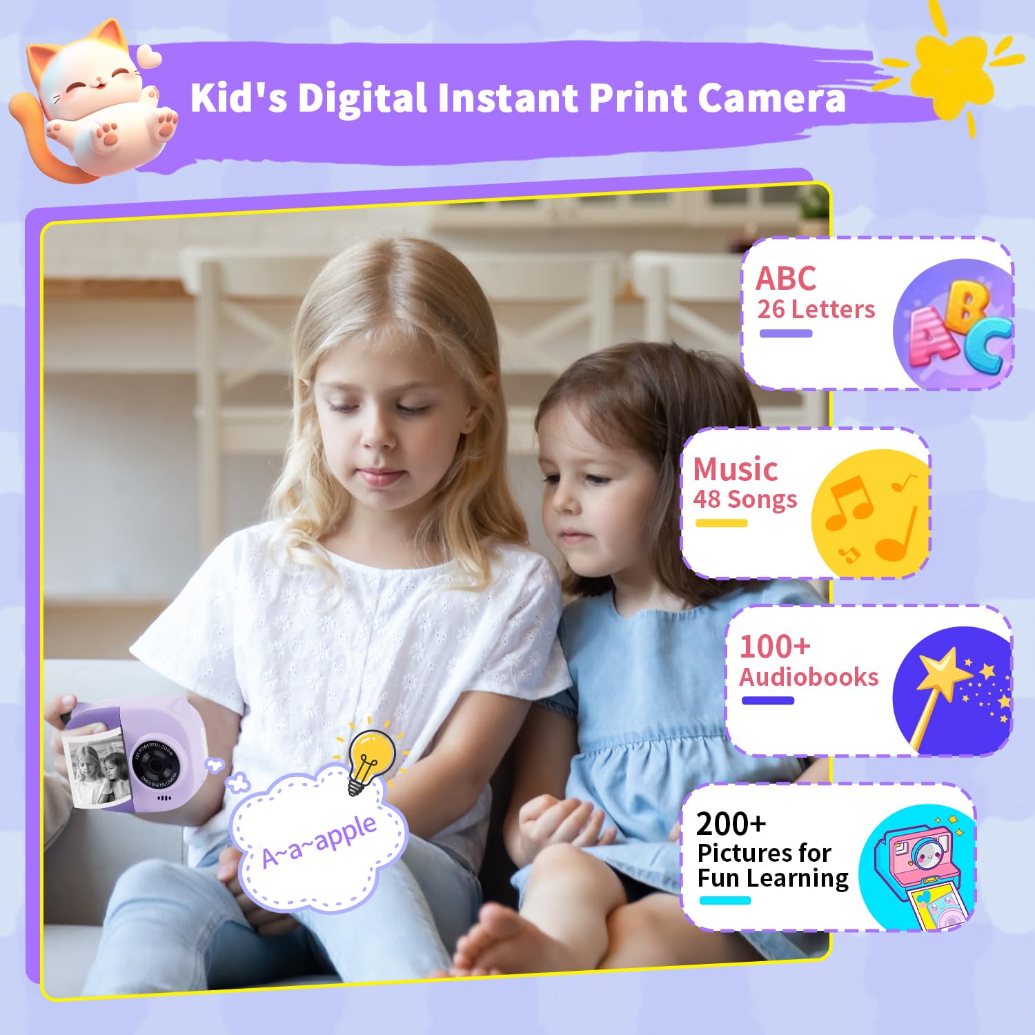 Instant Print Camera Toy For Kids, Girls Birthday Gifts For 3 4 5 6 7 8 Year Old Learning Music Story Player, 1080P Hd Dual-Lens