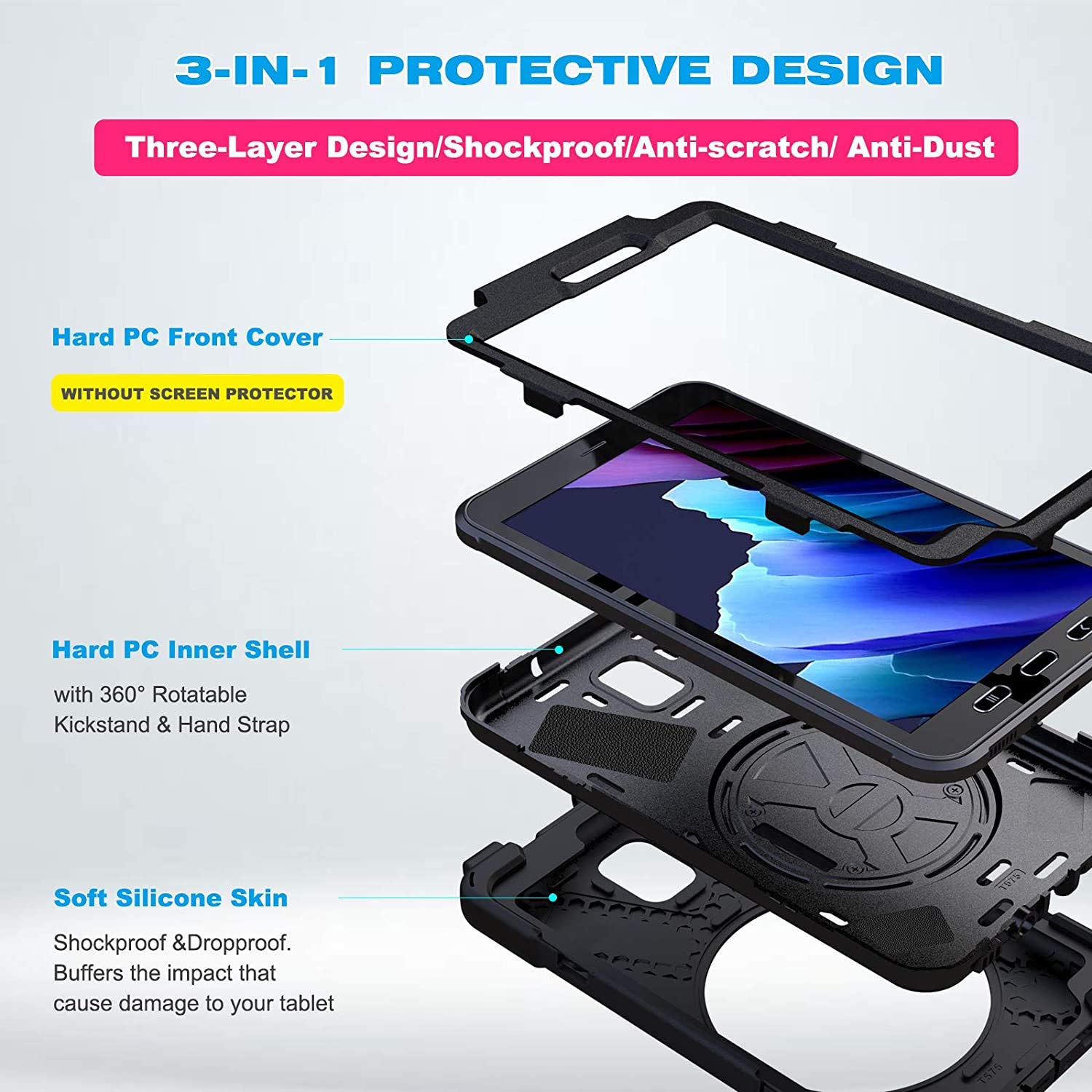 Dreamerx For Samsung Galaxy Tab Active 3/Active5 8.0 Case, Hybrid Shockproof Rugged Drop Protective Case With Stand Handle Hand/