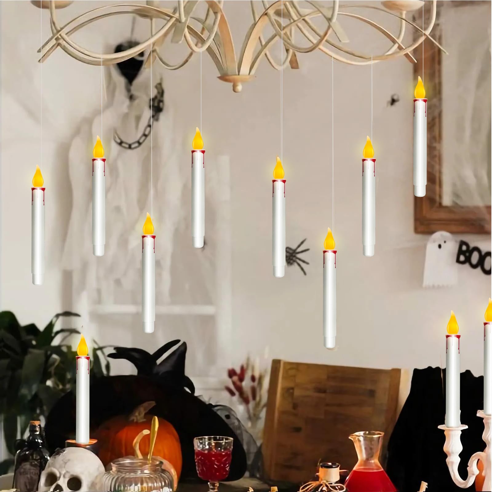 10 Pcs Floating Candles With Remote, Halloween Decorations Hanging Floating Candles With Flickering Warm Lights, Led Battery Ope