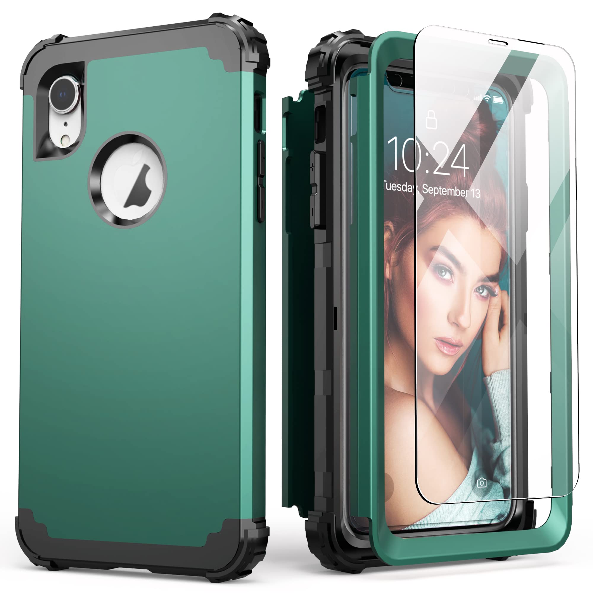 Iphone Xr Case With Tempered Glass Screen Protector, Iphone Xr Case For Women, Idweel 3 In 1 Shockproof Slim Hybrid Heavy Duty H