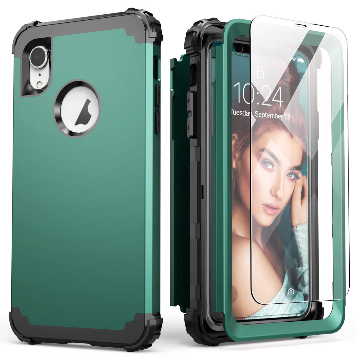 Iphone Xr Case With Tempered Glass Screen Protector, Iphone Xr Case For Women, Idweel 3 In 1 Shockproof Slim Hybrid Heavy Duty H