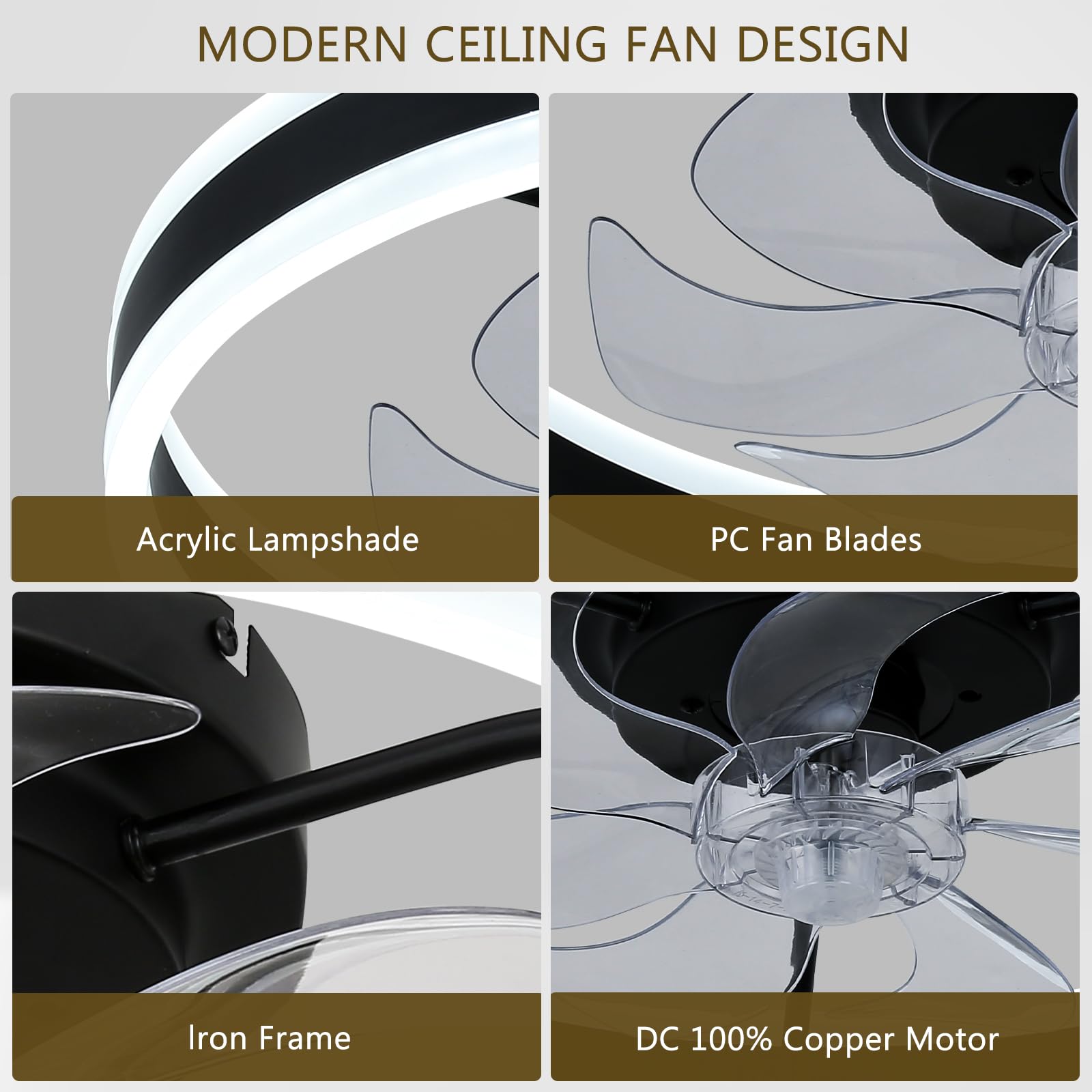 Diisunbihuo Low Profile Ceiling Fans With Lights And Remote,20'' Flush Mount Fandelier Dimmable Led Fan Light Black Bladeless Ce