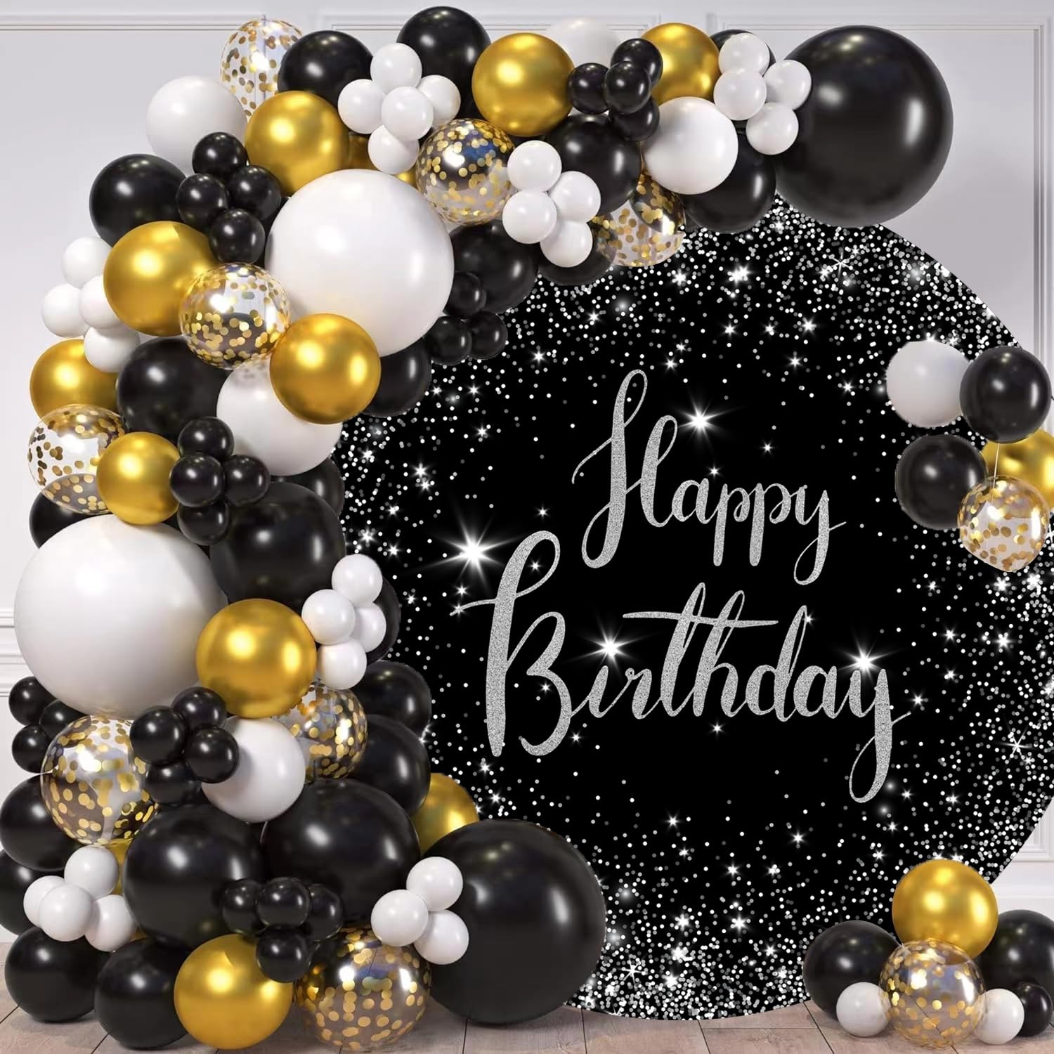 Jditngp 7.2Ft Happy Birthday Round Backdrop Cover Black And Silver Birthday Circle Photography Background Glittering Stars Diamo