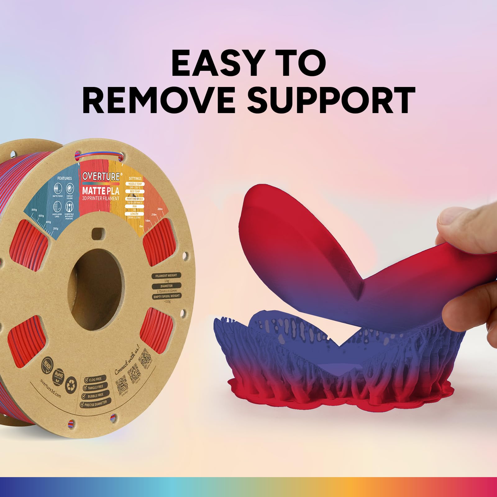 Overture Matte Pla 1.75Mm Dual Color Filament, Matte Pla Roll 1Kg Cardboard Spool(2.2Lbs), Dimensional Accuracy +/  0.03 Mm, Fit