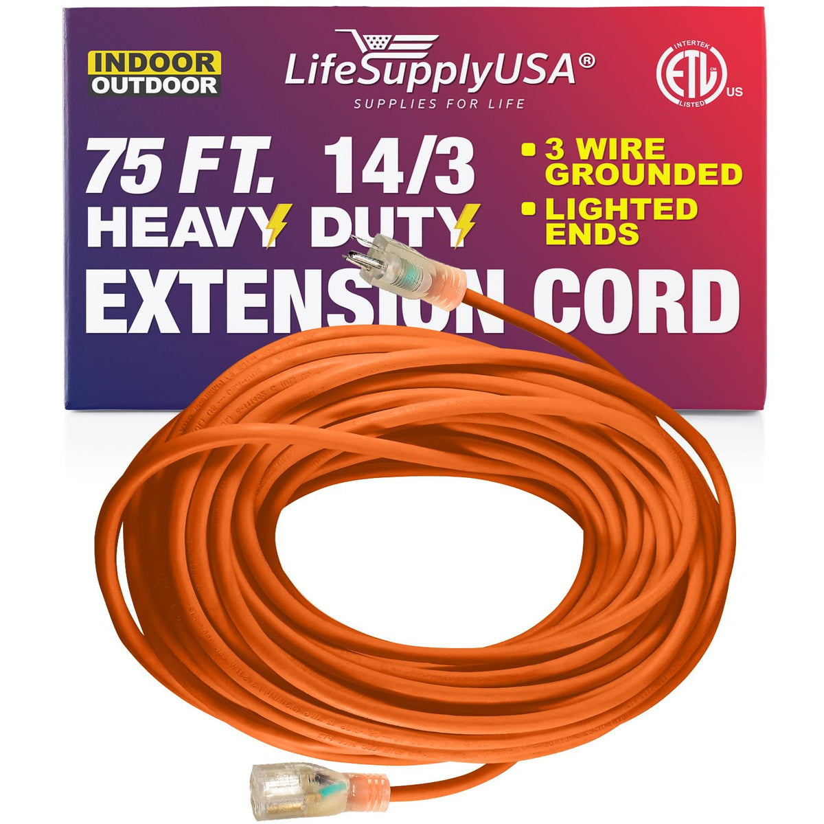 75 Ft Power Extension Cord Outdoor & Indoor Heavy Duty 14 Gauge/3 Prong Sjtw (Orange) Lighted End Extra Durability 13 Amp 125 Vo