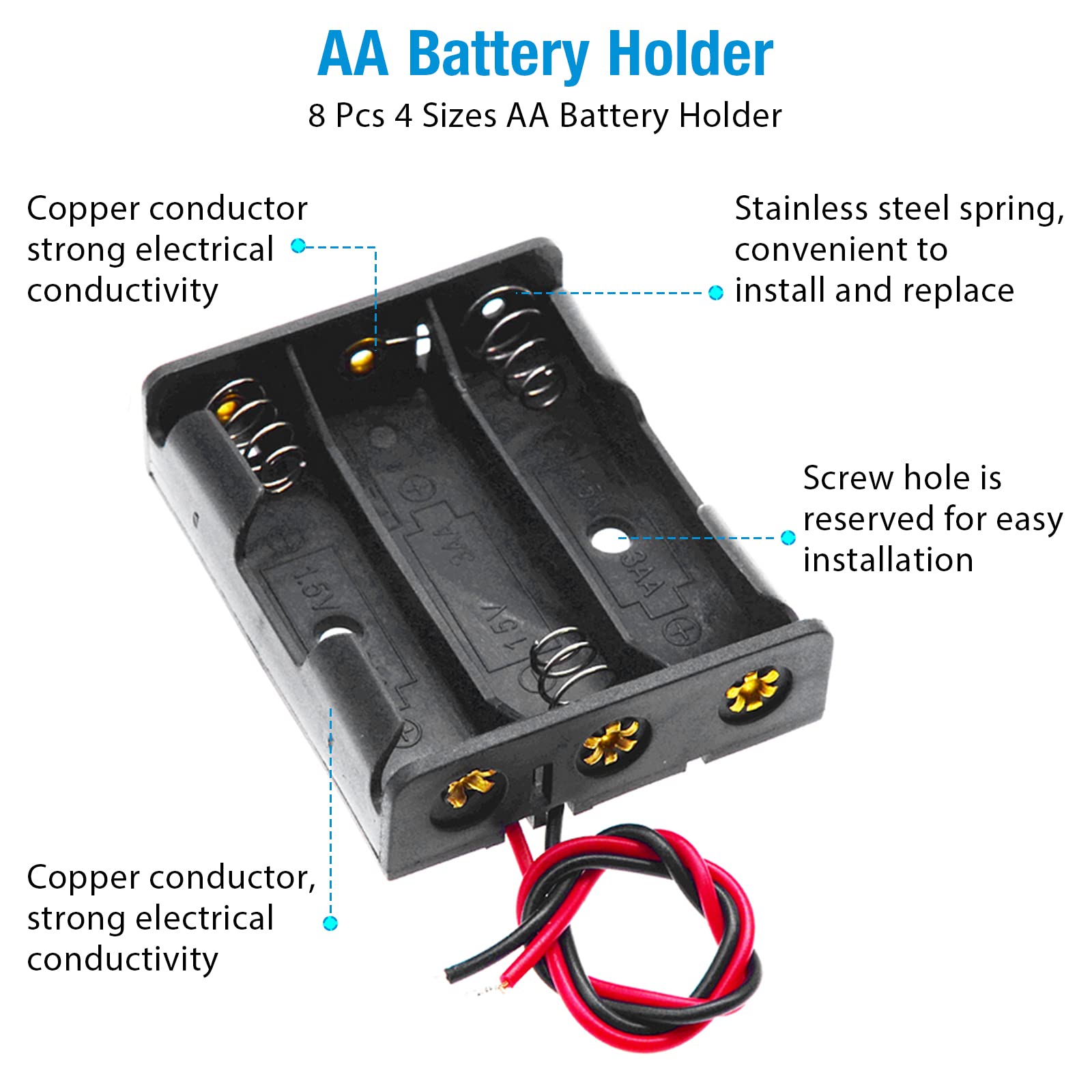 Qteatak 8 Pack Aa Battery Holder Bundle With Wire 1 Aa Battery Holder 1.5V, 2 Pcs, 2 Aa Battery Holder 3V, 2 Pcs, 3 Aa Battery H