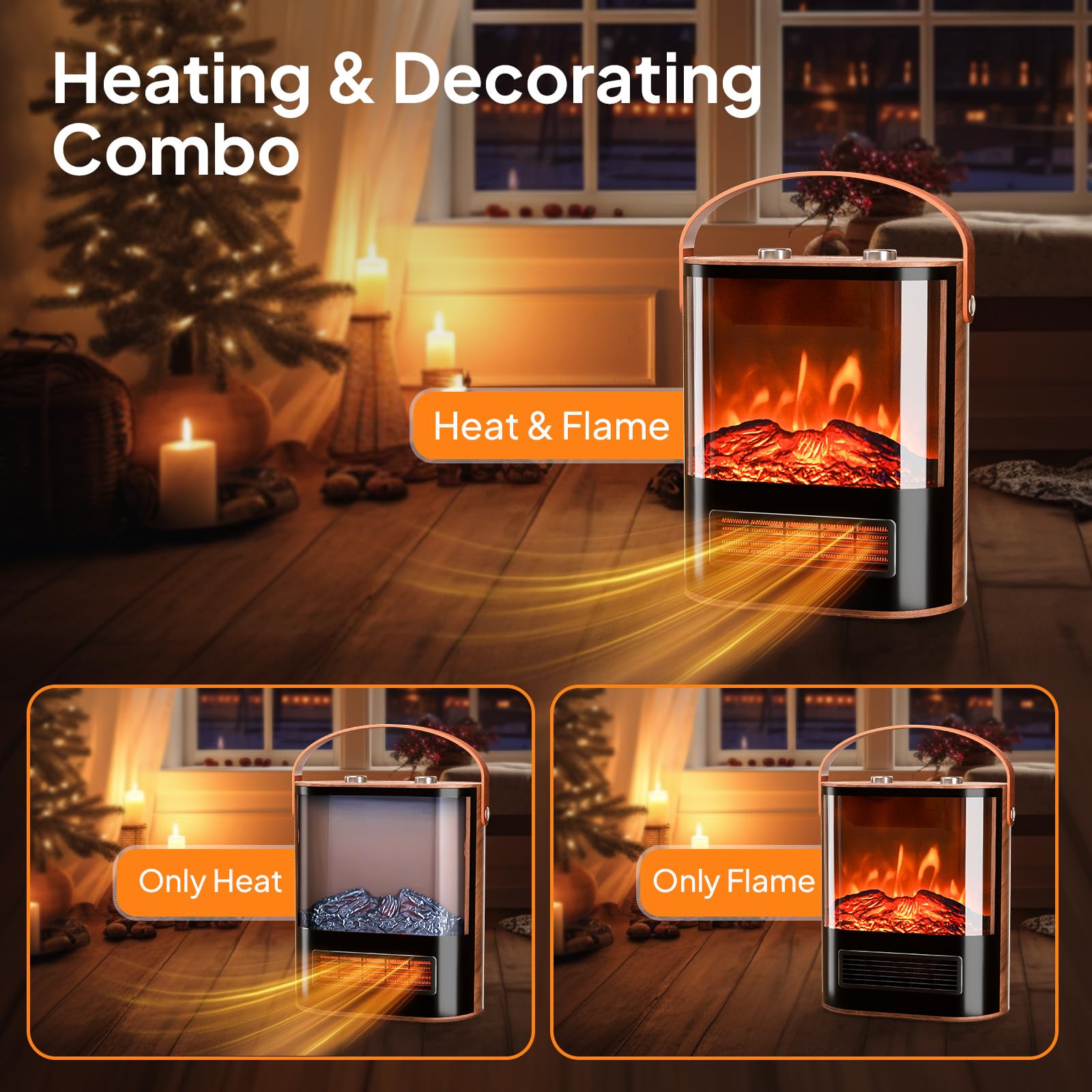 Rovsun 1500W Electric Fireplace Stove With Realistic Flame Effect, 16''H Portable Freestanding Tabletop Mini Heater With 4 Heat