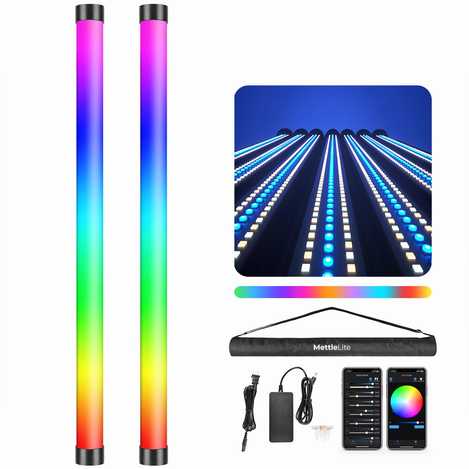 Mettlelite Tlx2 2 Light Kit Rgb Tube Light Led Full Color Portable Video Light With App Dmx Control 2 Ft 2800K 8000K Cri96 Tlci9