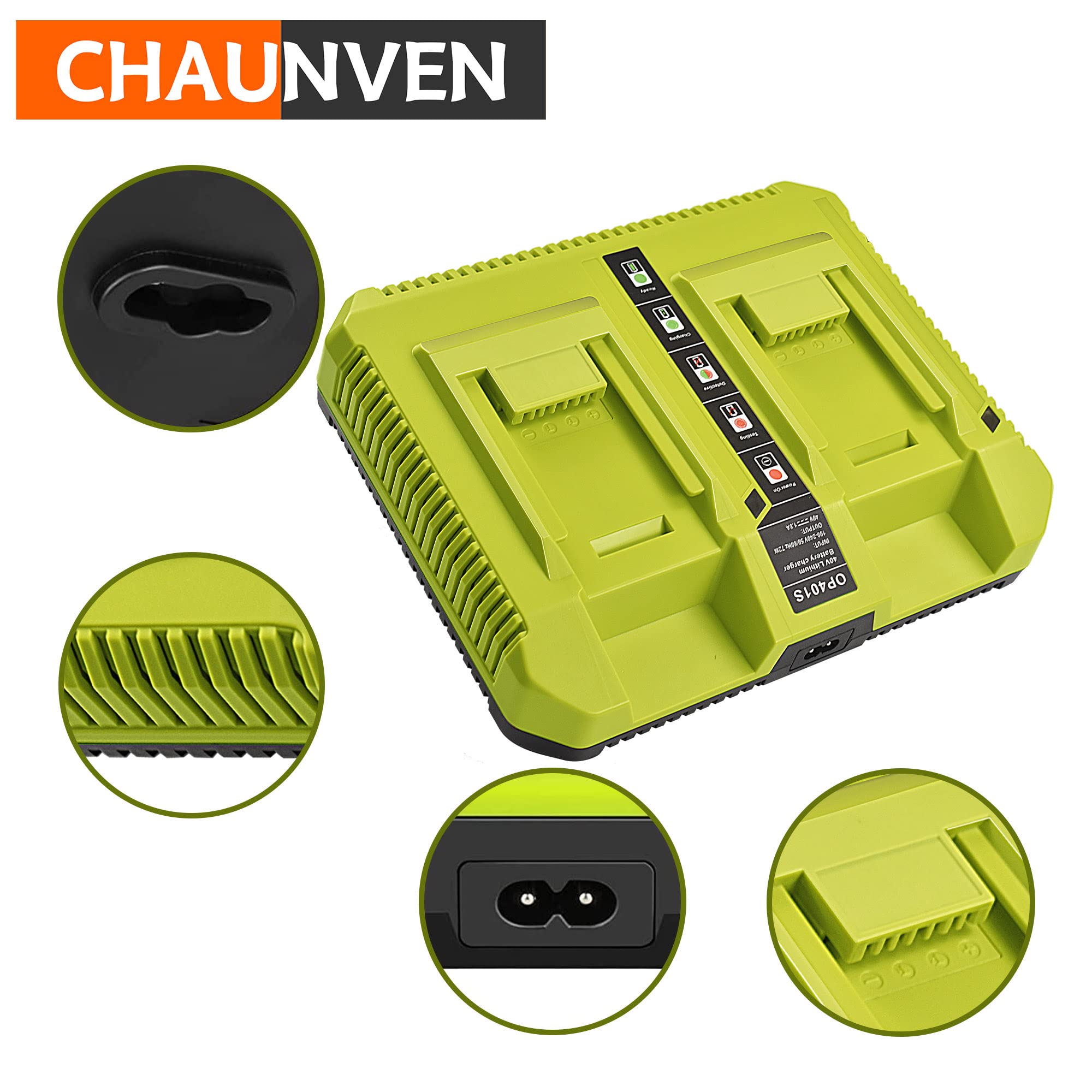 Chaunven 40V Charger For Ryobi, Op401 40 Volt Lithium Ion Battery Dual Charger For Op4015 Op4026 Op4030 Op4040 Op4050 Op4060 Bat