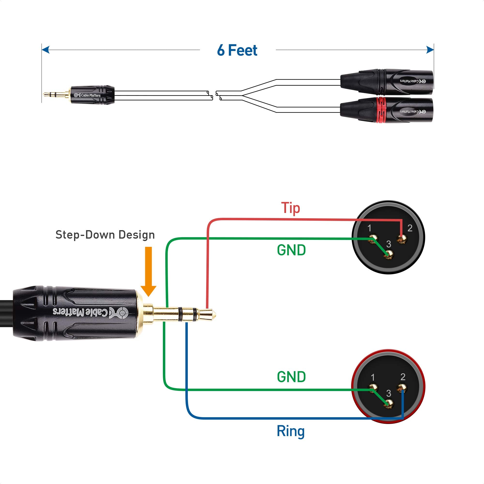 Cable Matters 3.5mm 1/8 Inch TRS to 2 XLR Cable 3 ft, Male to Male Aux to Dual XLR Breakout Cable
