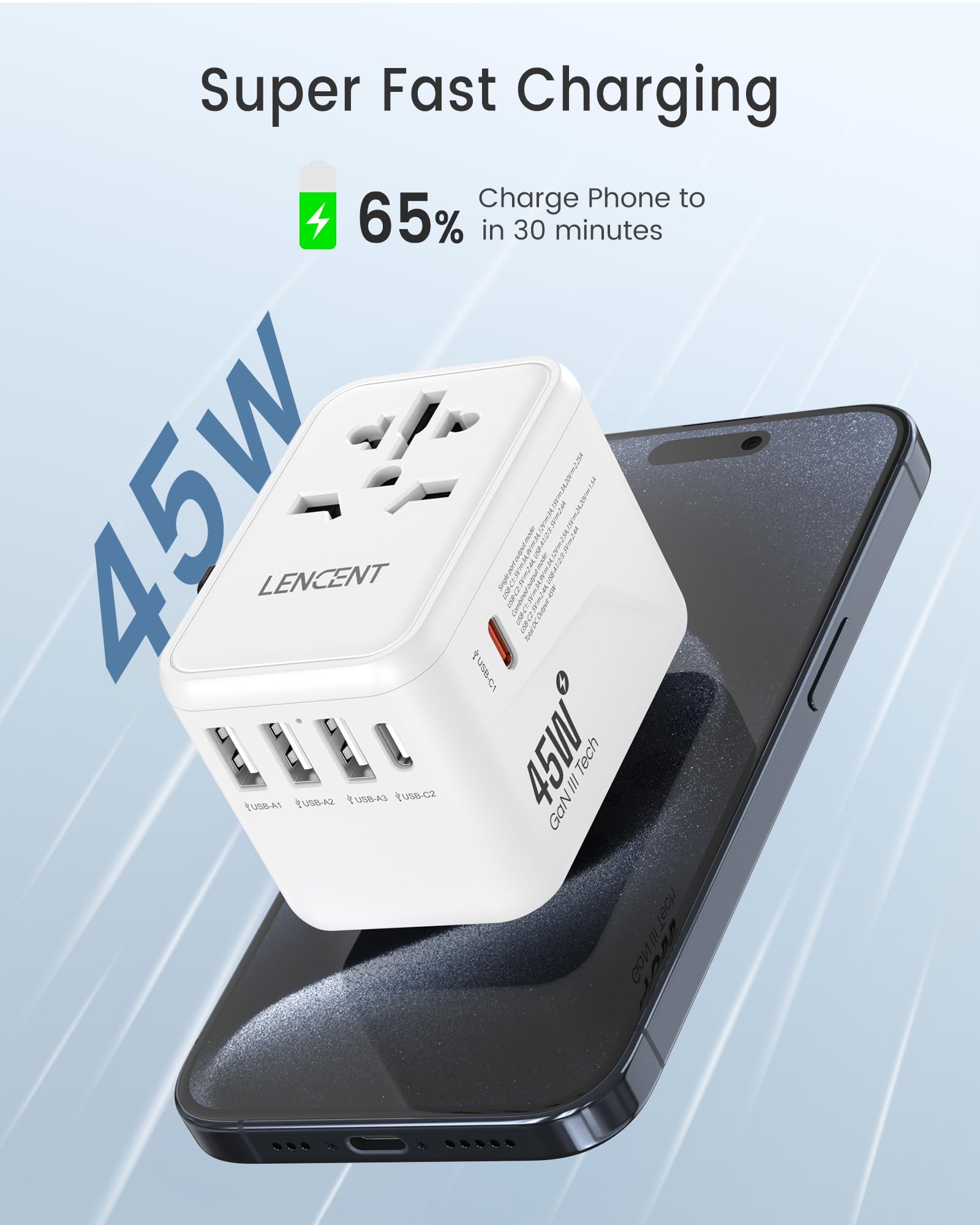 Lencent Universal Travel Adapter, Gan Iii 45W International Charger With 3 Usb Ports & 2 Usb C Pd Fast Charging Adaptor, Worldwi