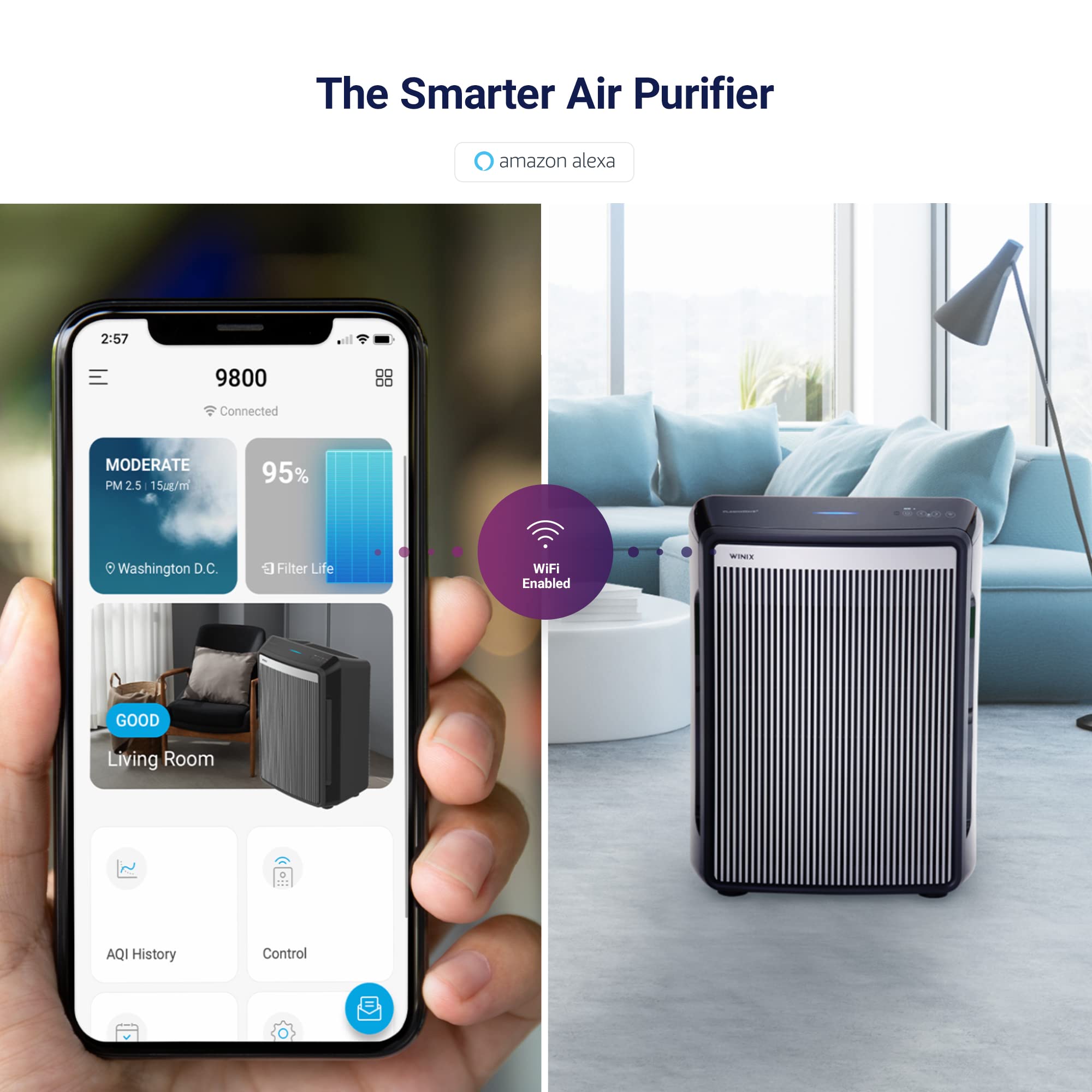 Winix 9800 4 Stage True Hepa Air Purifier With Wifi And Plasmawave, 500 Sq Ft,Black,Large