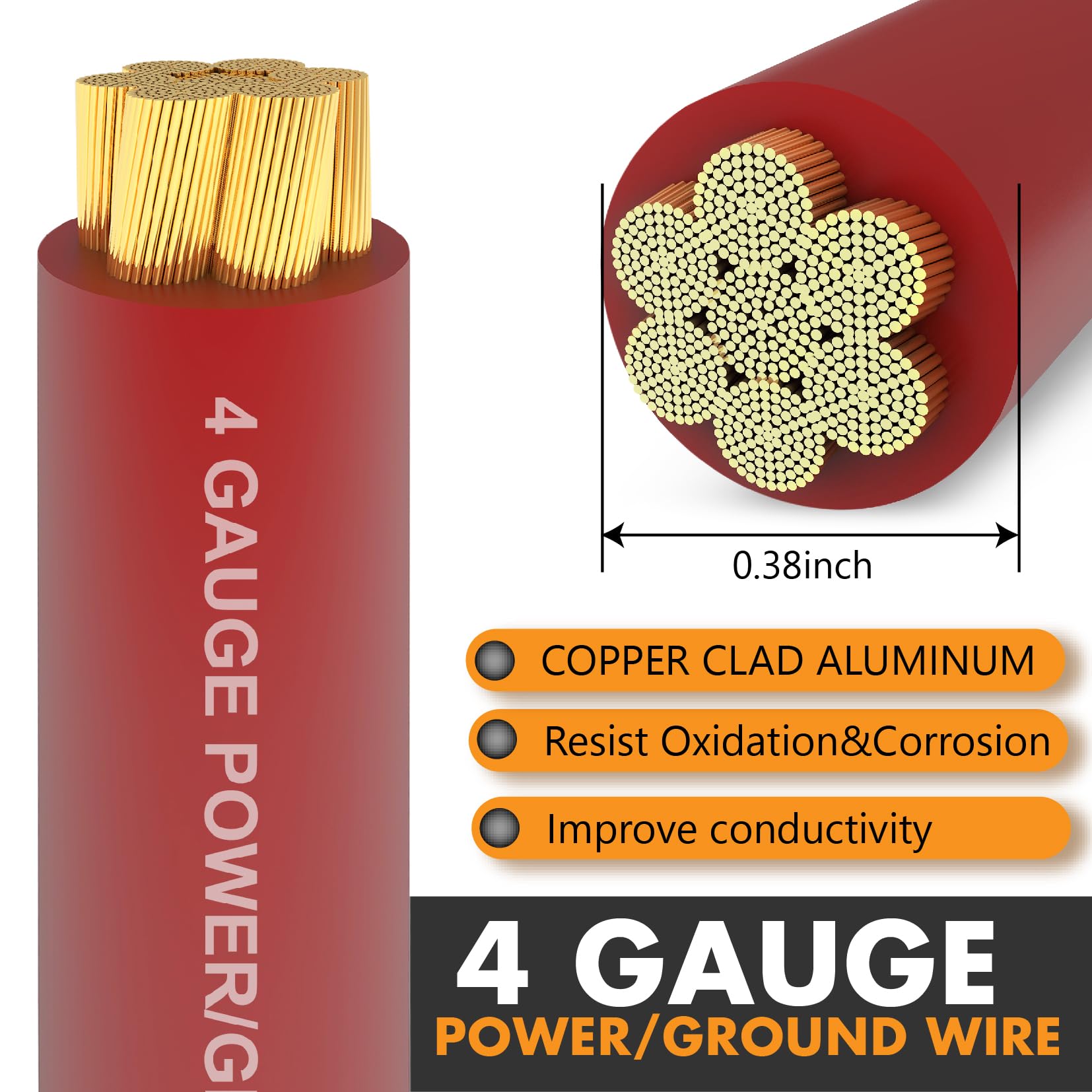 Jeemiter 4 Gauge Wire 50Ft Red Copper Clad Aluminum Cca   Primary Automotive Wire Power/Ground, Battery Cable With Lugs Terminal