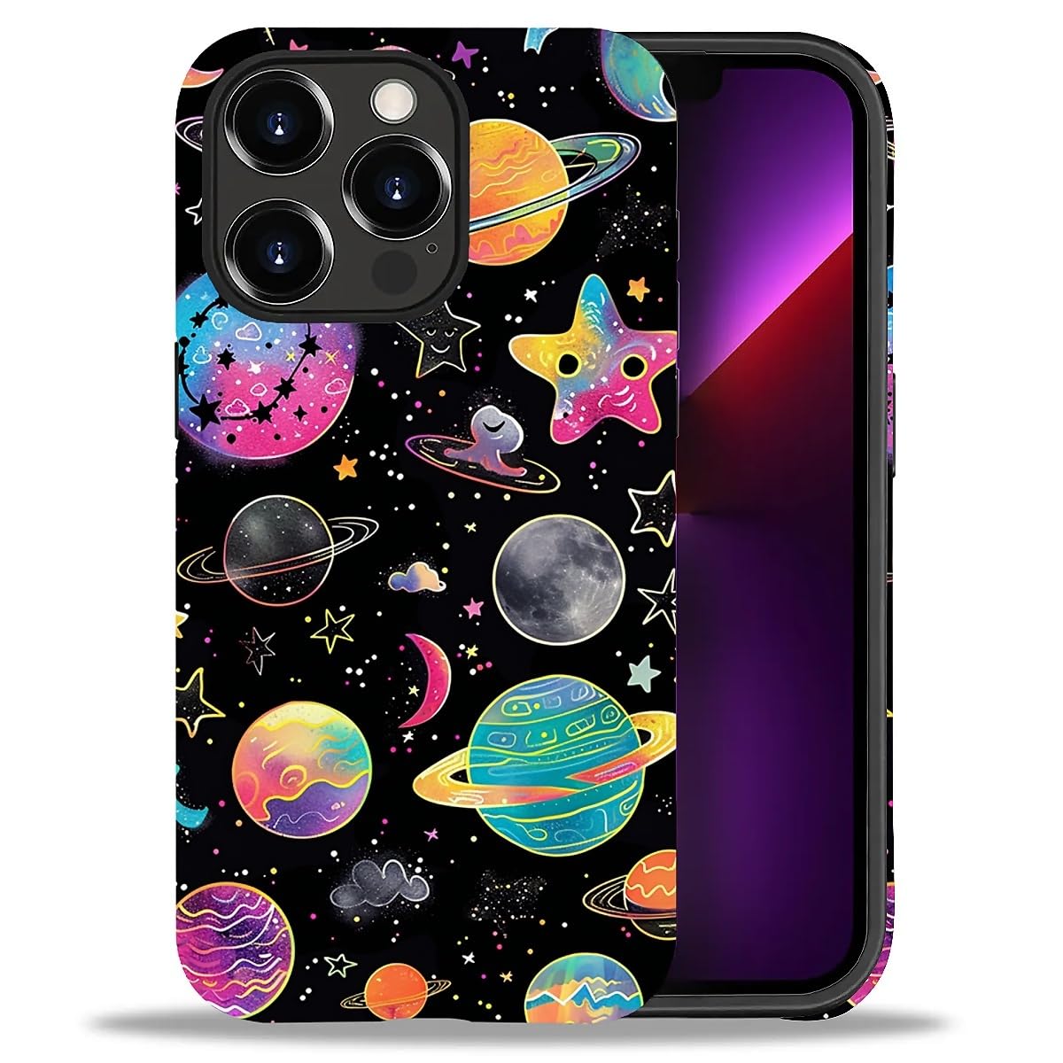 WANKBLC Compatible with iPhone 13 Pro Matte Case, Rainbow Planet Stars Space Pattern for Girl Full Body Design Soft Silicone Dro