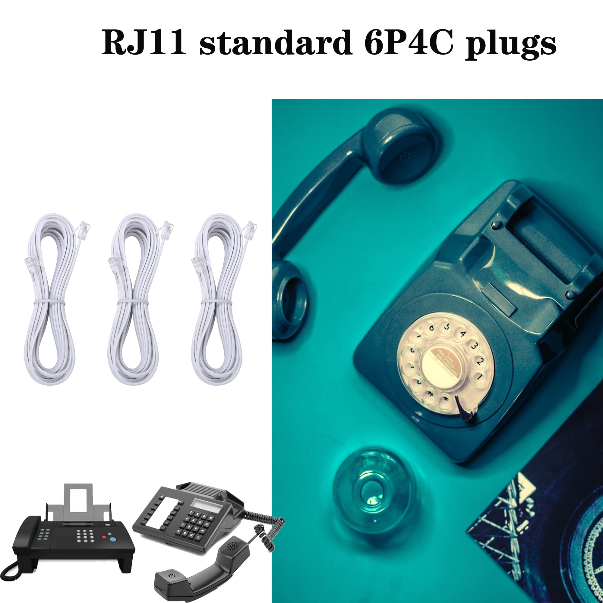 Telephone Landline Extension Cord Cable Cord With Standard Rj 11 6P4C Plug (10Ft 3Pack, White)