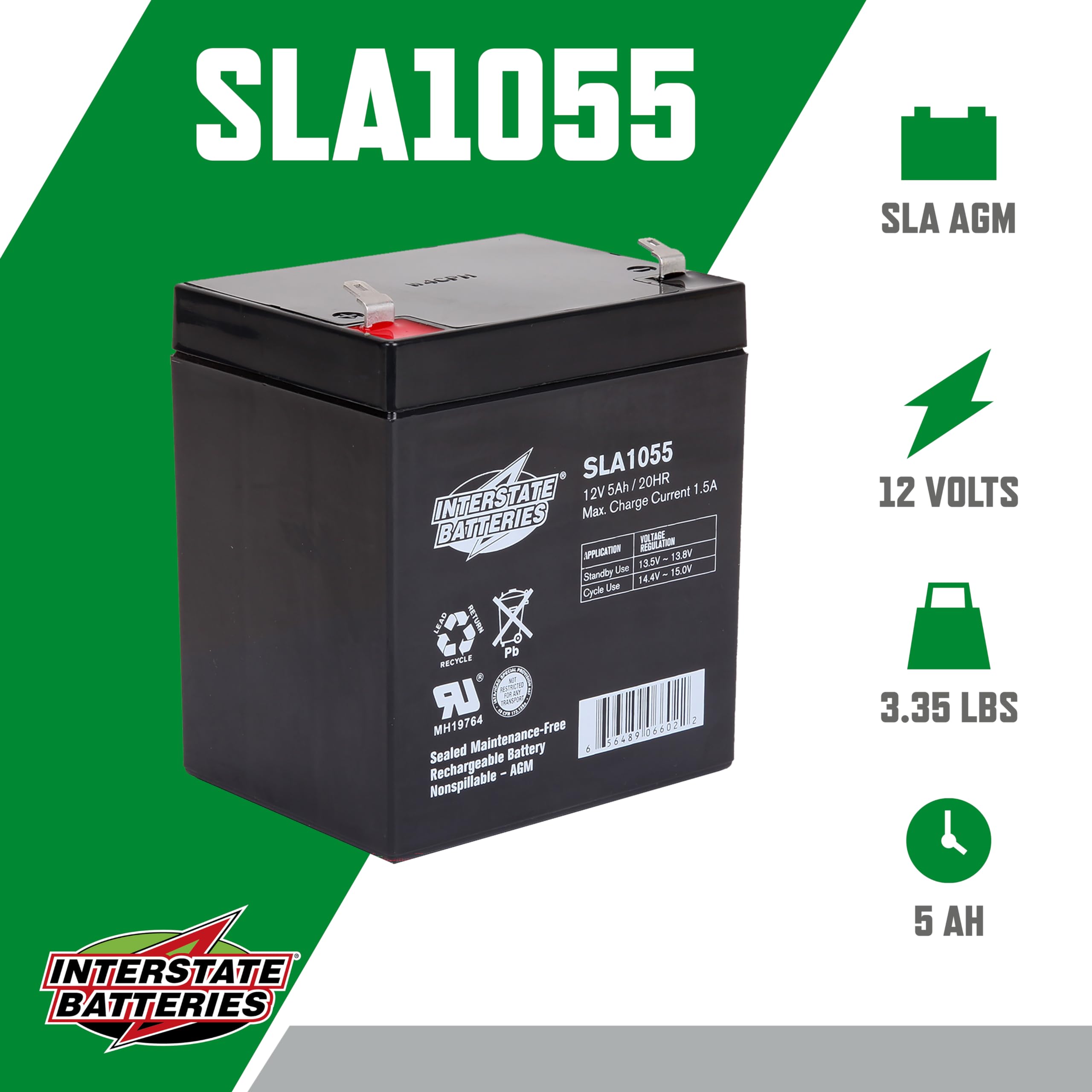Interstate Batteries SLA AGM 12V 5Ah Battery for Alarms & Openers, Model SLA1055, 3.54" x 2.76" x 3.98"