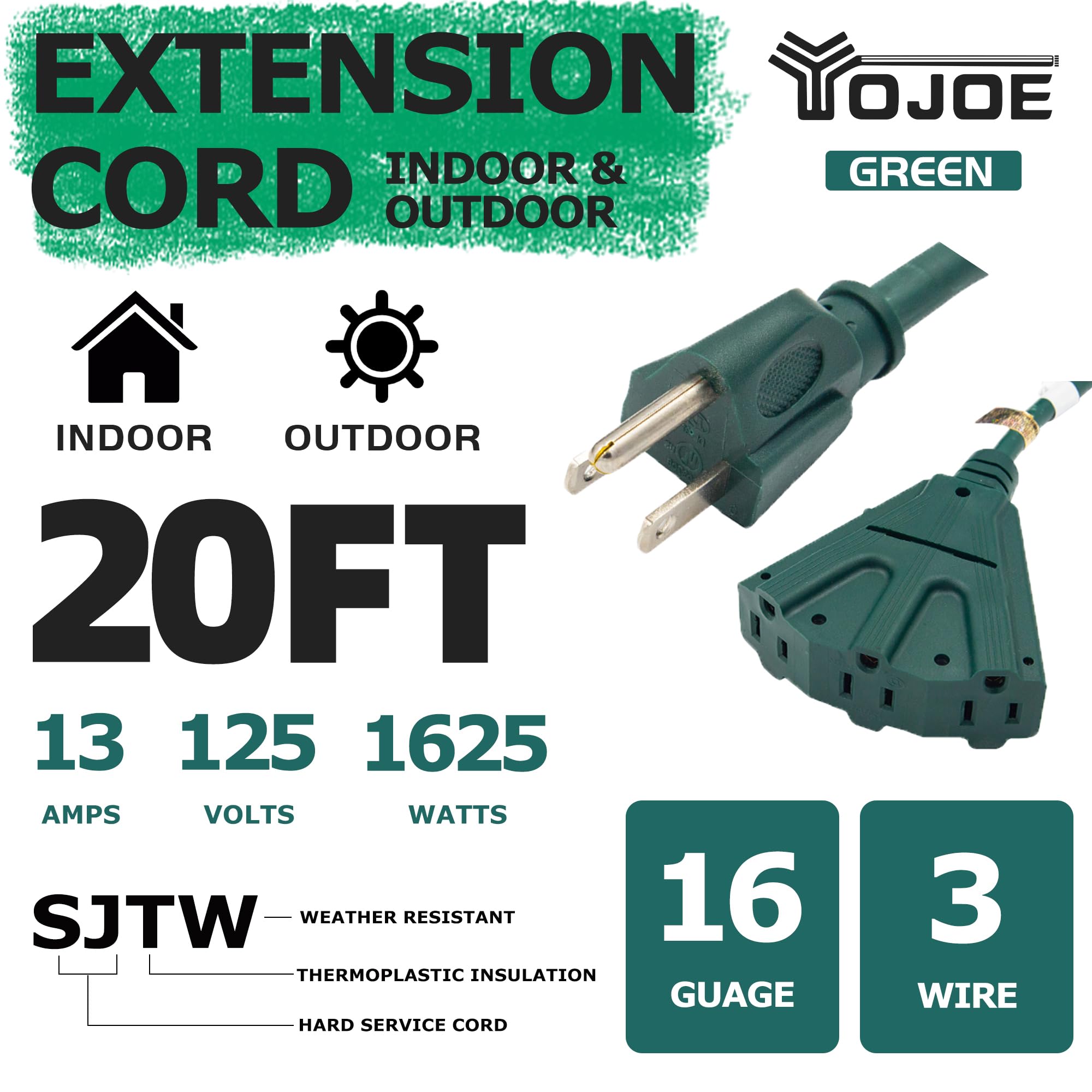 Yojoe 3 Outlets Indoor Outdoor Extension Cord, 3 Prong 13A Weatherproof Power Cord Multiple Outlets, 16 Gauge Heavy Duty 20 Ft G